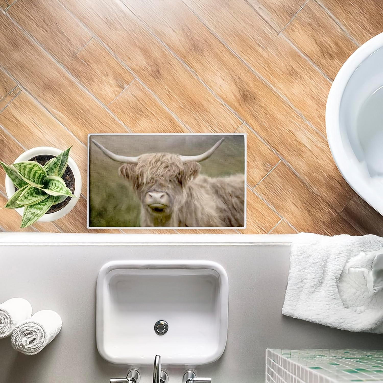 Stupell Industries Highland Cattle Dreams Plush Bathroom Mat & Bath Rug, Soft Quick-Dry Non-Slip Bathroom Rug with Recycled Foam Cushion, Rustic Farmhouse Animal Design by Kim Allen, 18"x30"