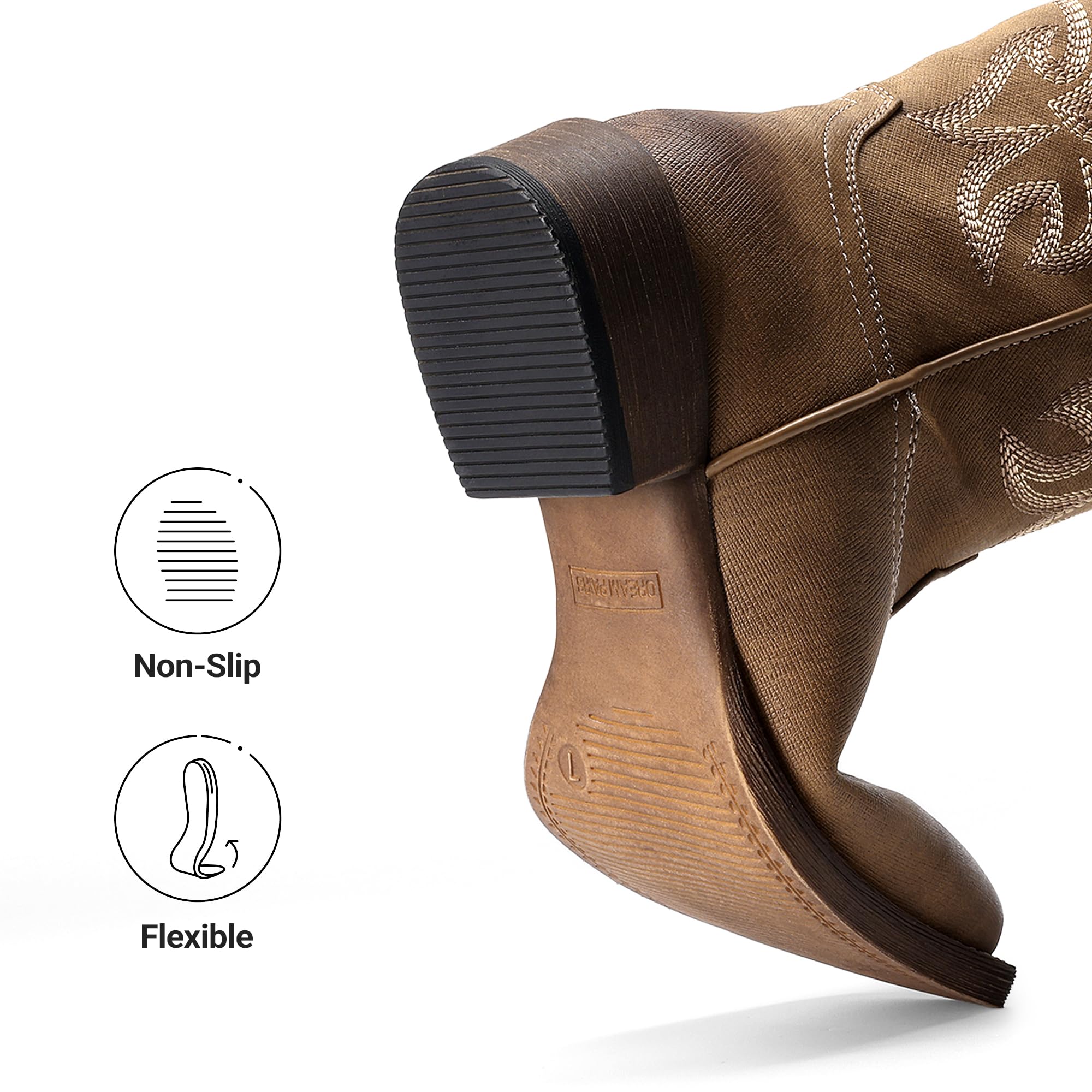 DREAM PAIRS Stivali da cowboy da donna con punta quadrata larga, stile western, a metà polpaccio, ricamati, stile retrò
