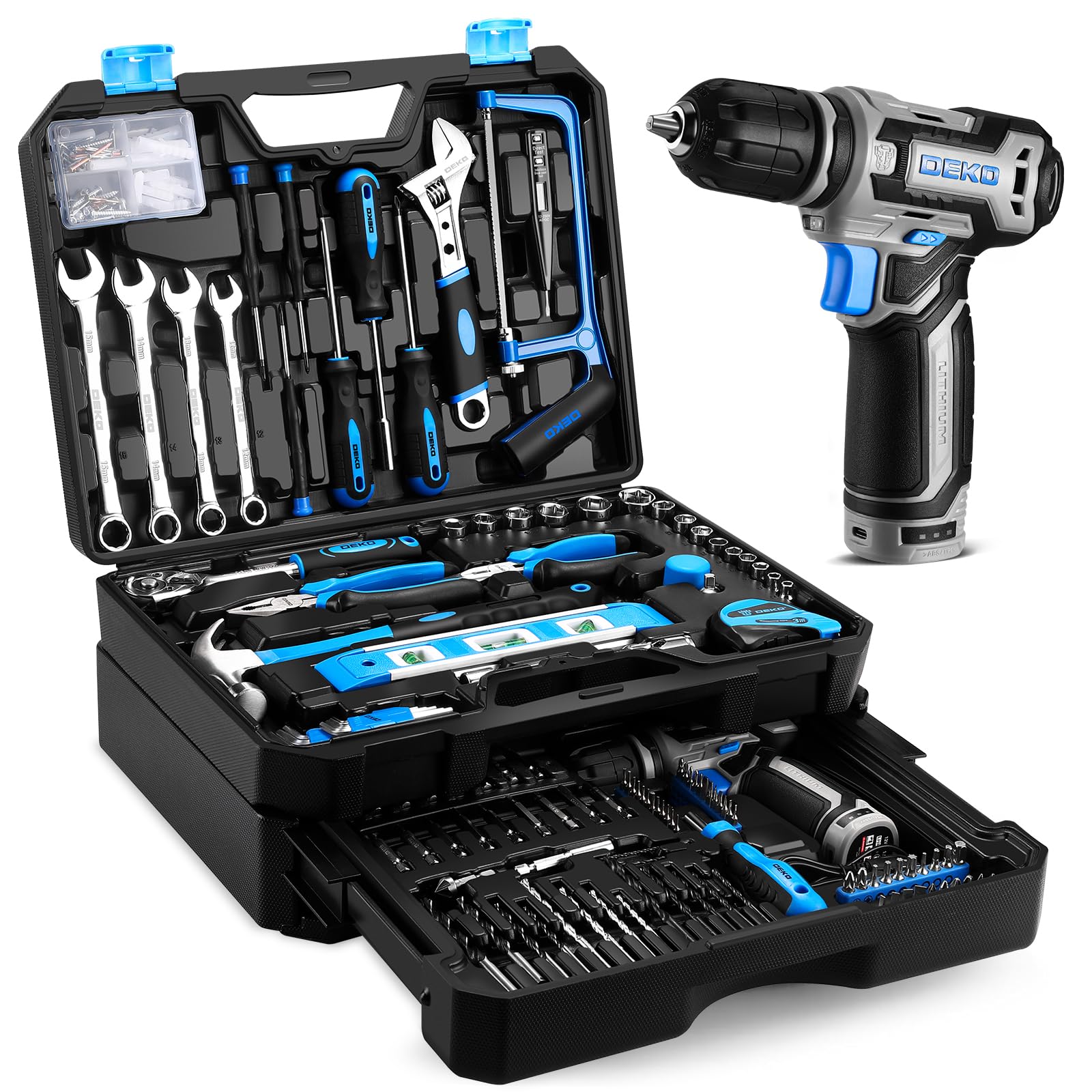 DEKO Caja Herramientas Completa Eléctricas 238 Piezas con 12V Taladro Eléctrico sin Cuerda, 10 mm Chuck sin Llave, Caja profesional de herramientas Domésticas de Bricolaje para Oficinas y Jardín, Azul