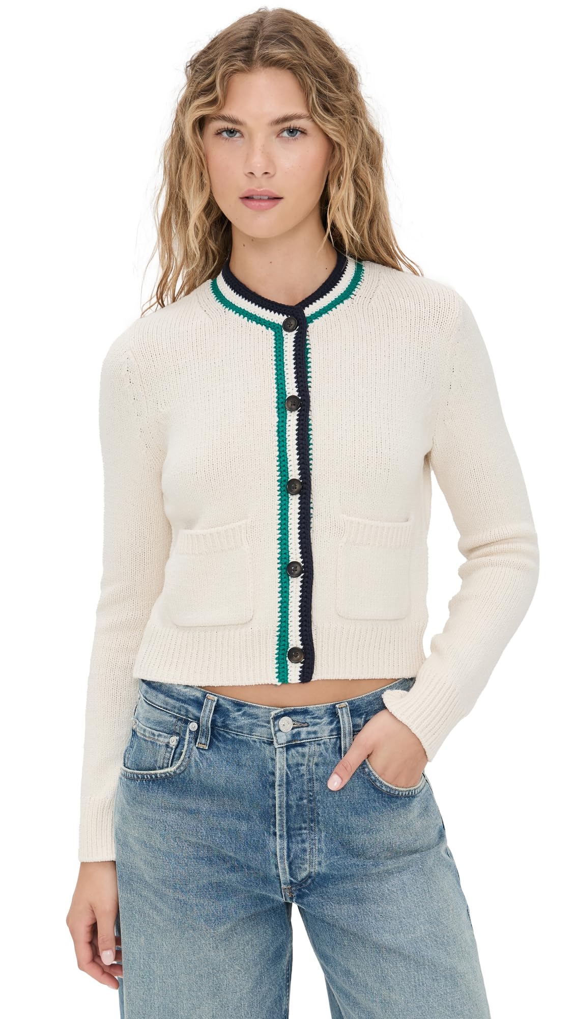 White Warren Womens Lofty Cotton Crochet Trim Cardigan