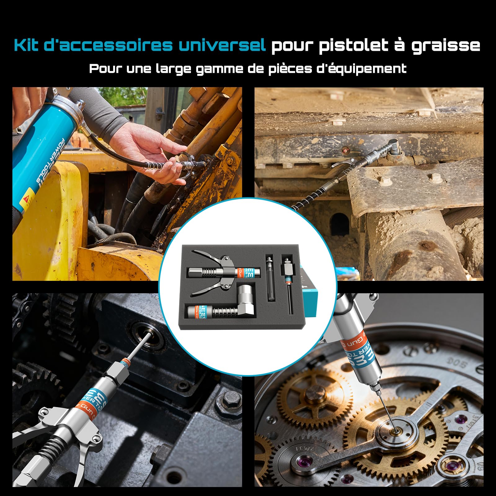 Seesii Kit d'accessoires pour Pompe a Graisse, Comprenant Un raccord Rapide, Un Adaptateur à 90°, Un Tuyau Flexible de 30 cm et 2 Embouts pour graissage Facile dans Les espaces étroits et Profonds