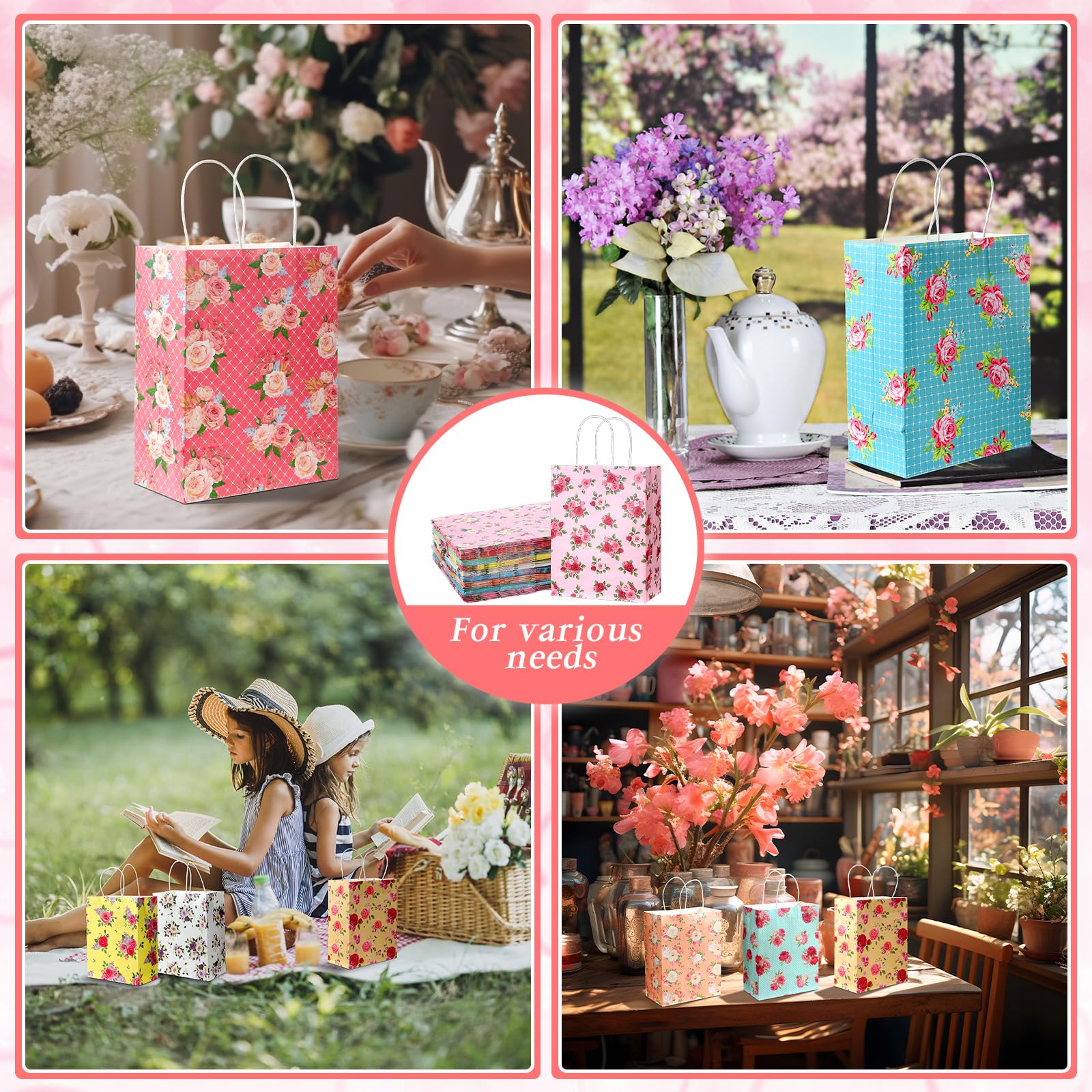 Geyoga 50 Stück Blumen-Geschenktüten mit Griffen, 10,5 x 8,5 x 4,5 cm, mittelgroße Papier-Geschenktüten, Vintage-Blumen-Geschenktüten, Papiertüten mit buntem Rosen-Blumendruck, für Blumenparty,