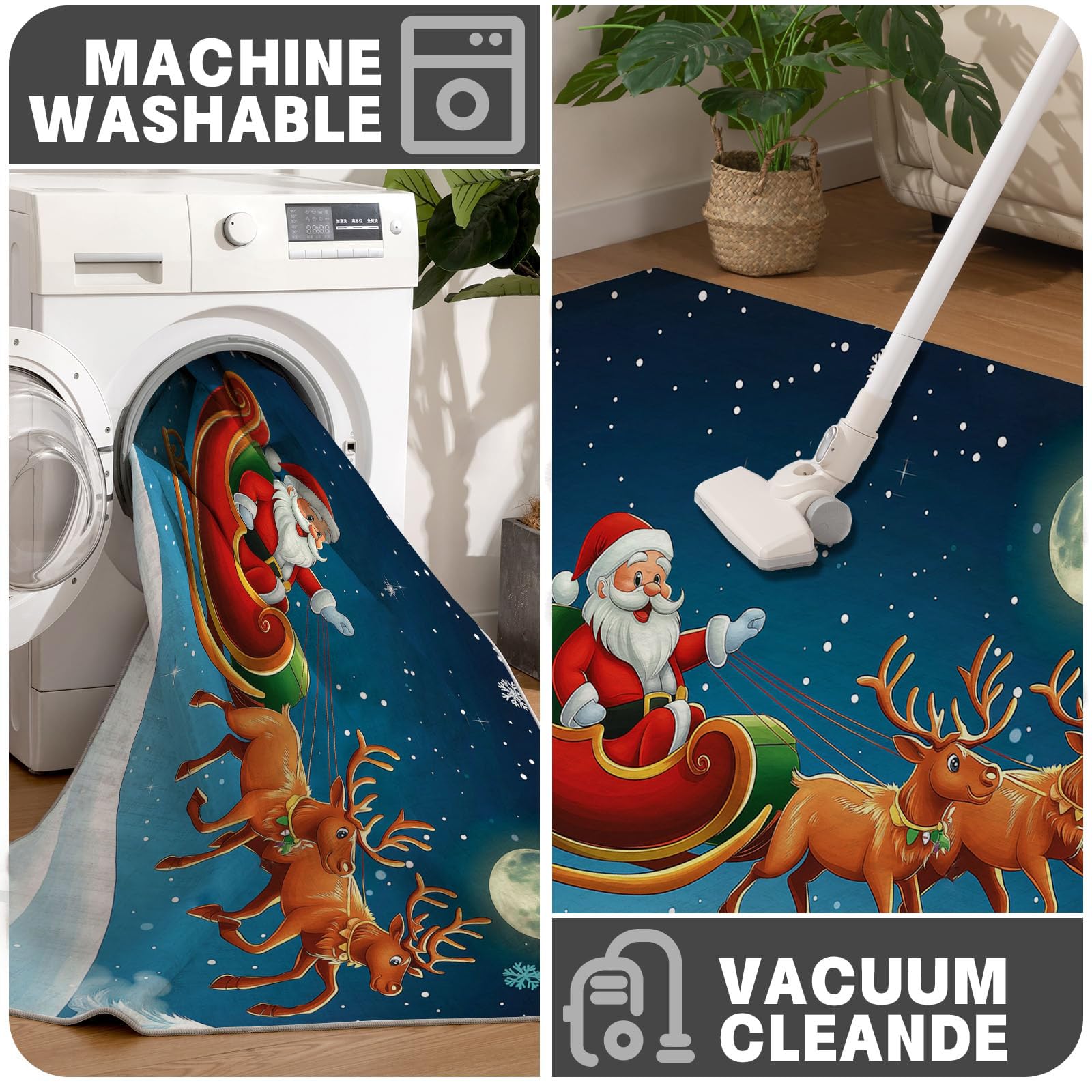 Felpudo Entrada Navidad 90 x 150 cm, Alfombra Entrada Casa Interior Antideslizante Papá Noel, Lavable Felpudo de Alfombrilla Renos Trineo, Interior Tapete Azul
