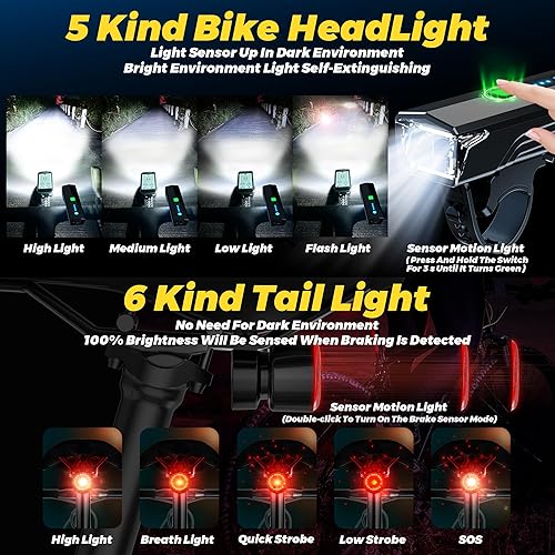 Vista 3 de 2025 Sensor delantero y trasero antirreflejo, 3000 luces de bicicleta, 5+6 modos de advertencia tipo juego de luz para bicicleta y luces traseras