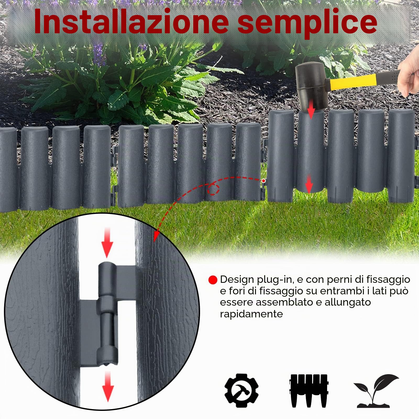 Froadp Bordature da Giardino in Plastica 28x24cm Flessibile Prato Separé da Giardino Staccionata Recinzione Aiuole Bordi con Legno Aspetto per Frutteti Orti o Sentieri (14m=50 pezzi, Antracite)