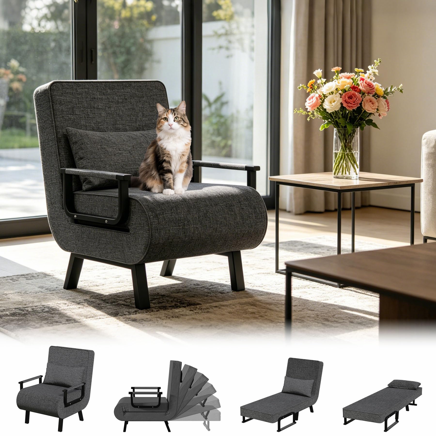YLGJ&TIDY 3-in-1 Single Sofa Chair Bed,Folding Sofa Bed & Pillow, Dark Grey