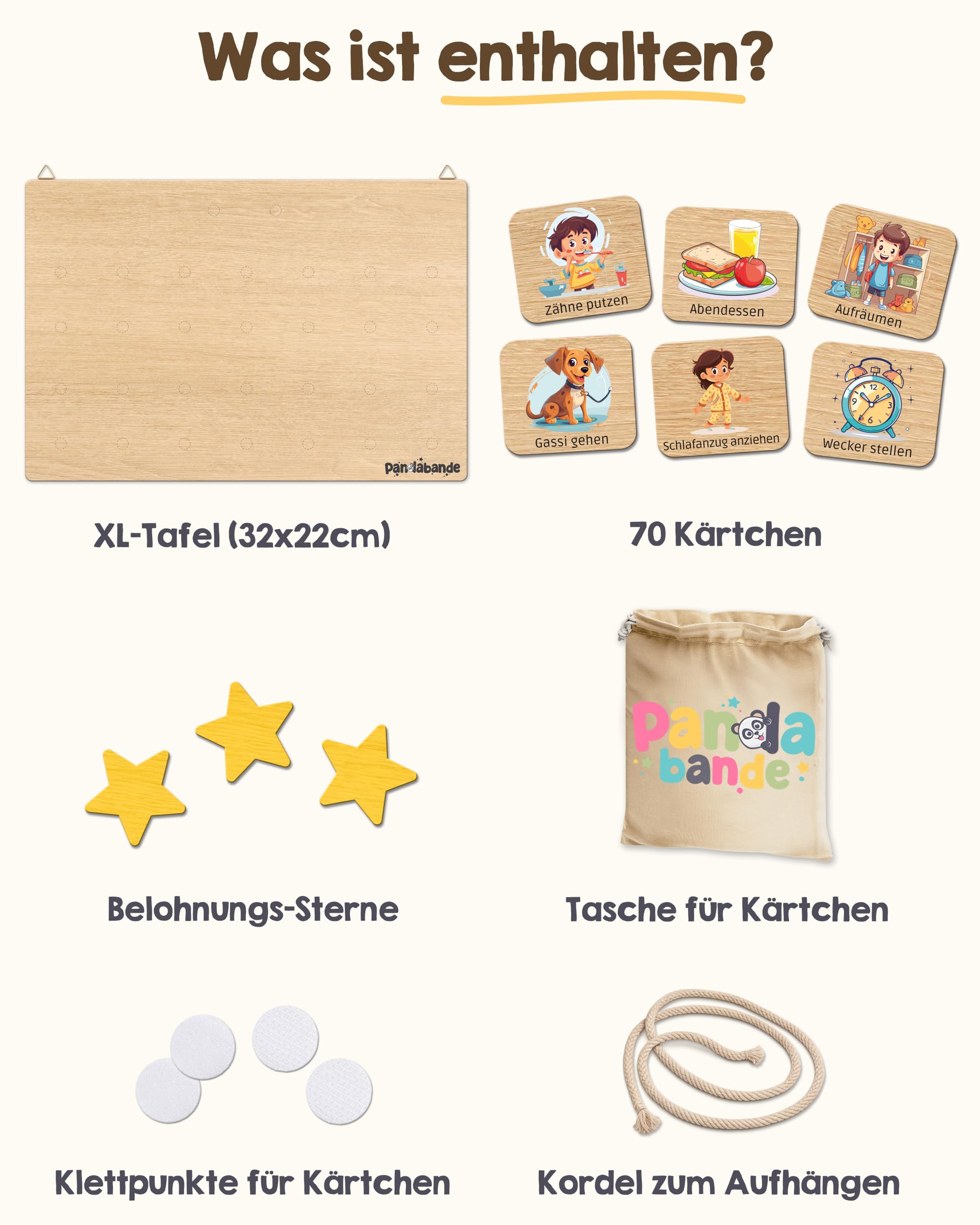 PANDABANDE Premium Routine Planer Kinder Holz - 100% FSC®-zertifiziert | Morgenroutine und Abendroutine mit 84 Karten & Sternen - Tagesplaner Kinder Routine - Routineplaner für Morgens und Abends