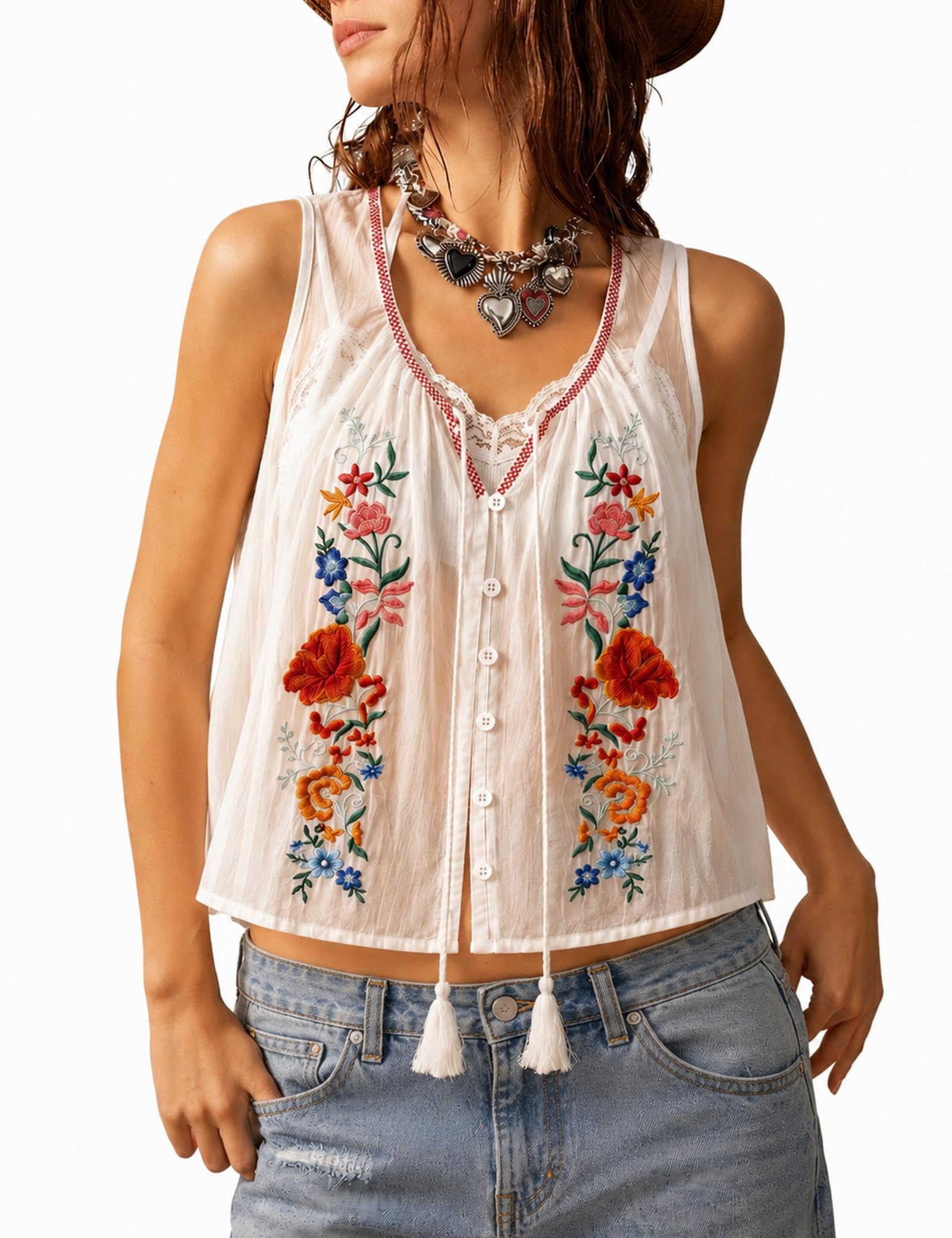 Womens Boho Floral Embroidered Tank Tie Front Tops Crop Blouse for Summer Medium White