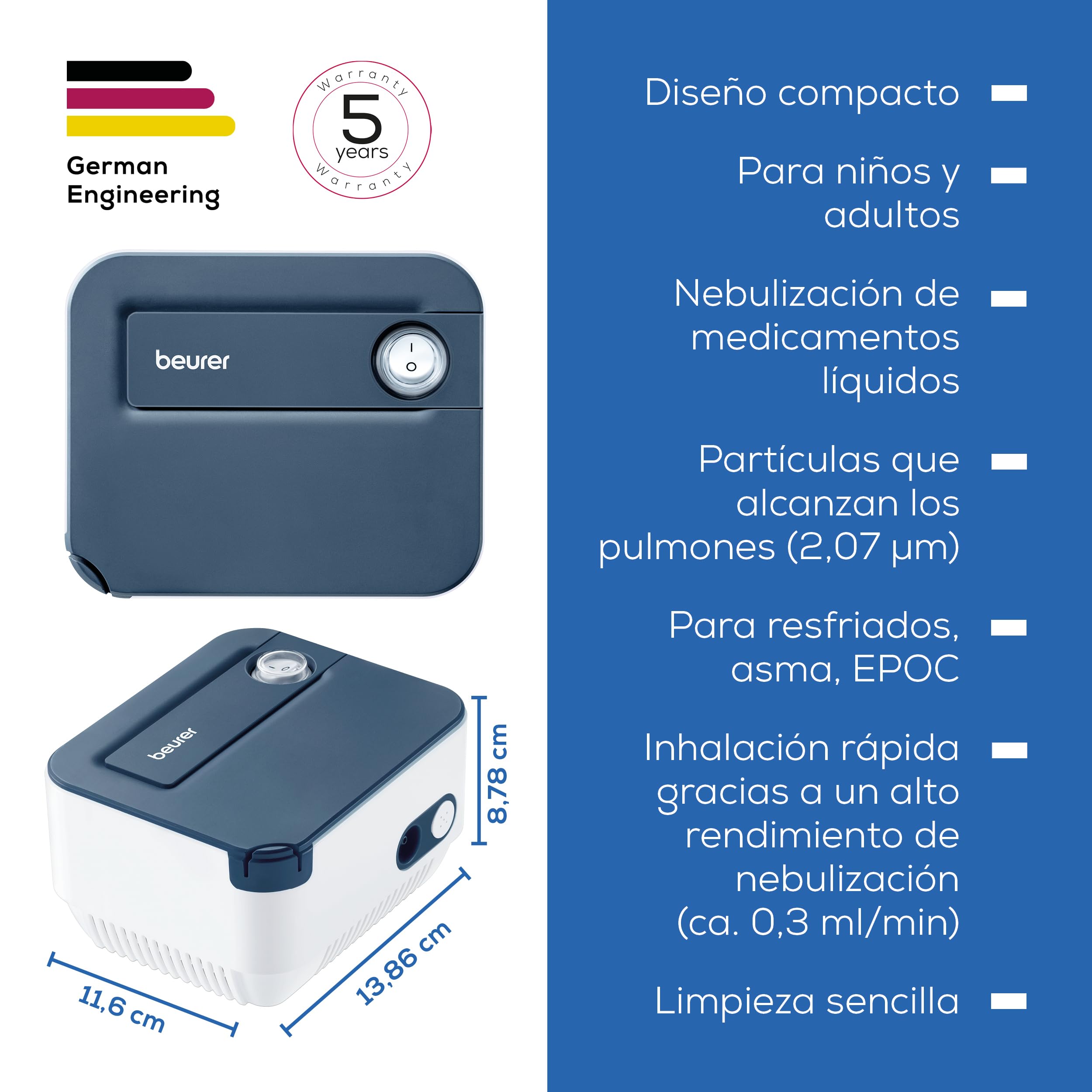 Beurer IH 16 Inhalador Con Tecnología De Aire Comprimido Con Compresor, Nebulizador, Diseño Compacto, Para El Tratamiento De Las Vías Respiratorias, Apto Para Adultos Y Niños, Limpieza Sencilla