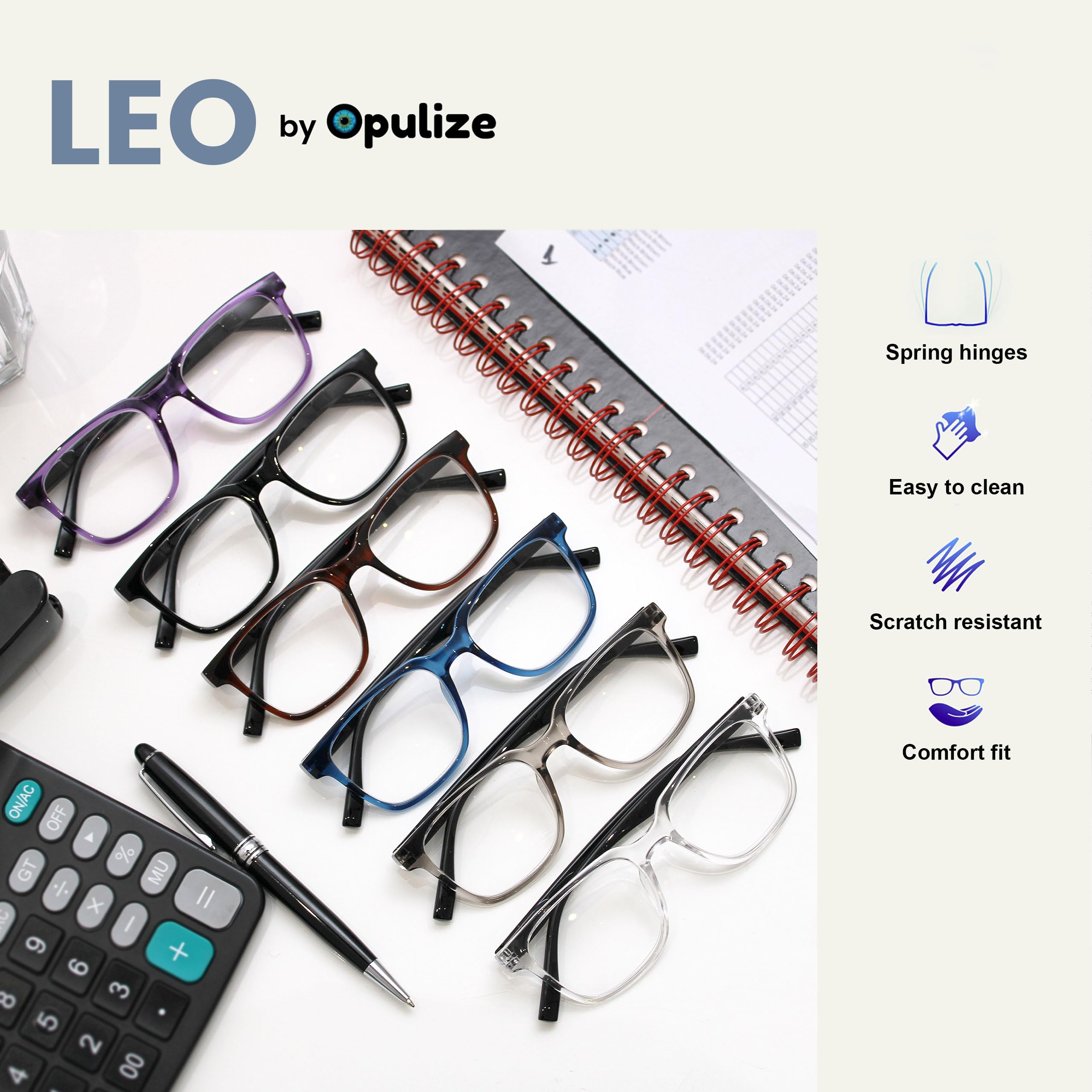 OPULIZE LEO Reading Glasses, 5 -Pack, Large Rectangular Frame, Black, Blue, Purple, Grey, Clear, Mens Womens, Spring Hinges - Image 4