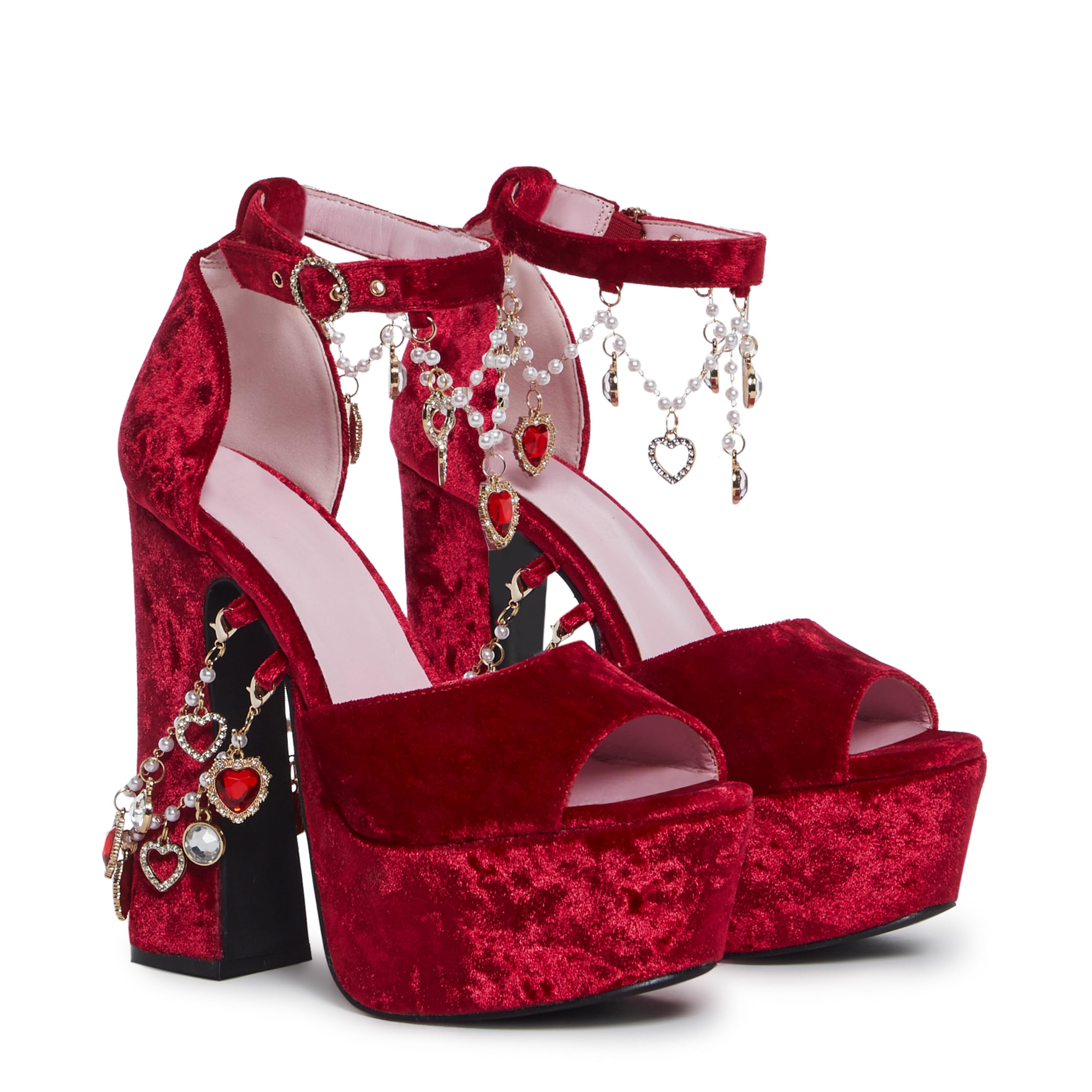 Dolls Kill Holy Revelation Platform Heels by Sugar Thrillz, Velvet Heels with Pearl Beads & Adjustable Straps