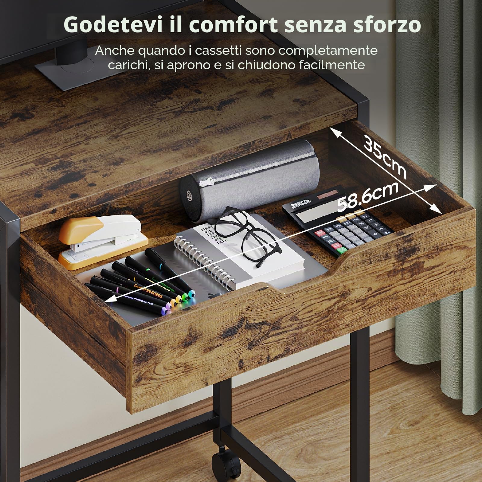 Bestier Piccolo tavolo per computer da 64 cm, con vano portaoggetti e cassetti, adatto per studio, camera da letto, soggiorno e spazi compatti (nero)