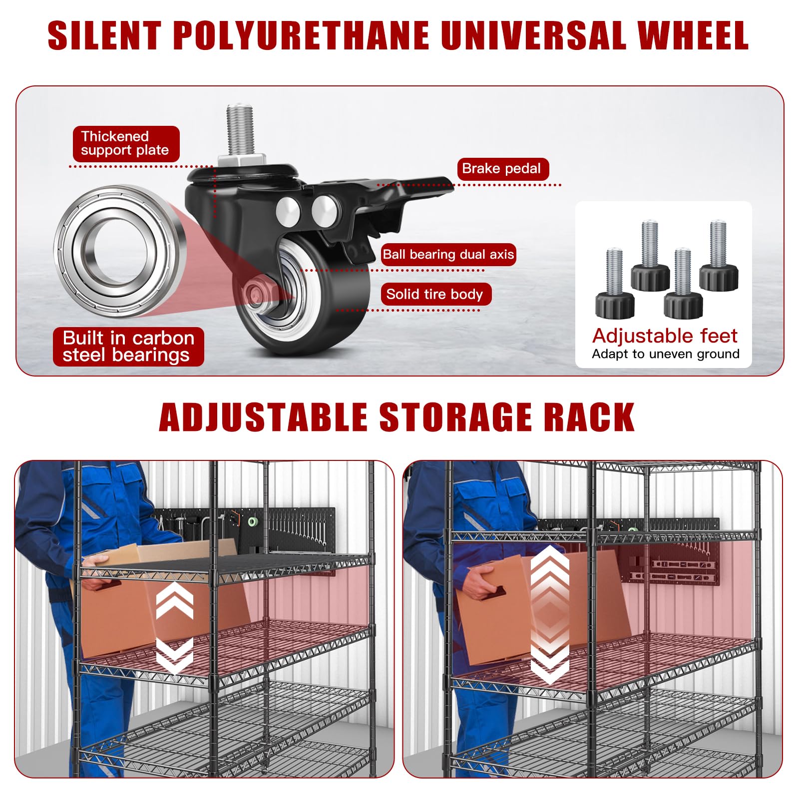 5-Stöckiges Schwerlastregal Drahtgitter Regal,1400 KG Tragende Metallregal, Mobiles Lagerregal mit Rädern,Höhenverstellbaren Einlegeböden,Kellerregal Werkstattregal für Küche,Garage,116×41×182cm