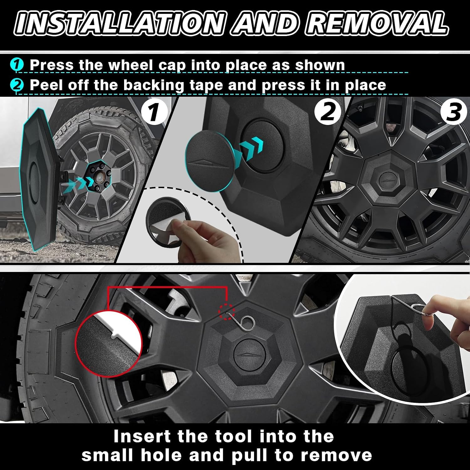 BestEvMod Upgrade 4PCS Full Coverage Wheel Center Hub Caps Cover Compatible with Tesla Cybertruck 2026 2025 2024 Accessories Removable Hub Center Fit All Terrain Tires ONLY NOT Fit Core Wheels (V2)