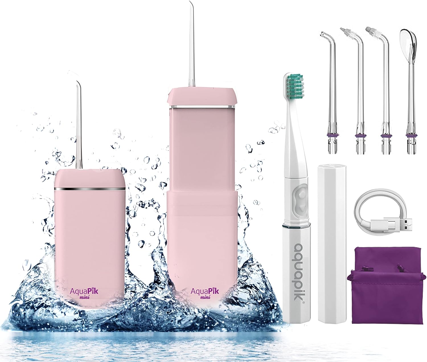 Aquapik Mini, Irrigador Bucal Portátil, Irrigador Dental Recargable para Viajes y Oficina. Carga USB, 4 boquillas, 3 potencias, IPX7 Incluye Cepillo Ultrasónico de regalo (Rosa)