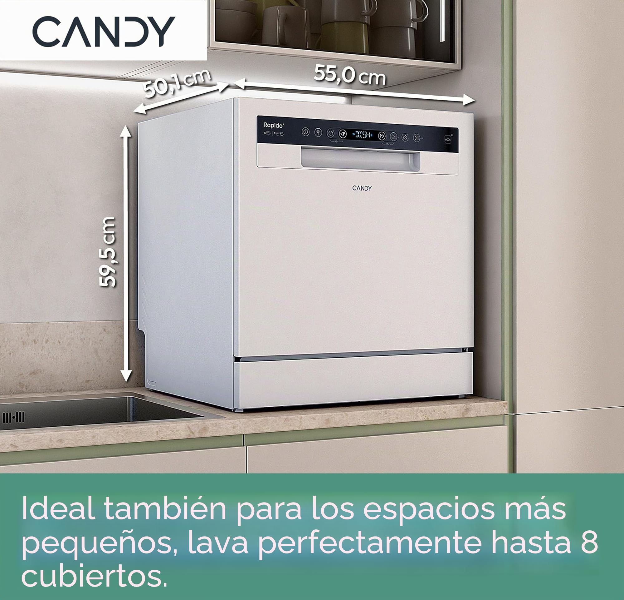 Candy Rapido' CP 8F9FFW Lavavajillas compacto, 8 cubiertos, 8 programas, lavado y secado de 190 cm, primera selección, HxBxD 59,5 x 50,1 x 55 cm, blanco [clase energética F]