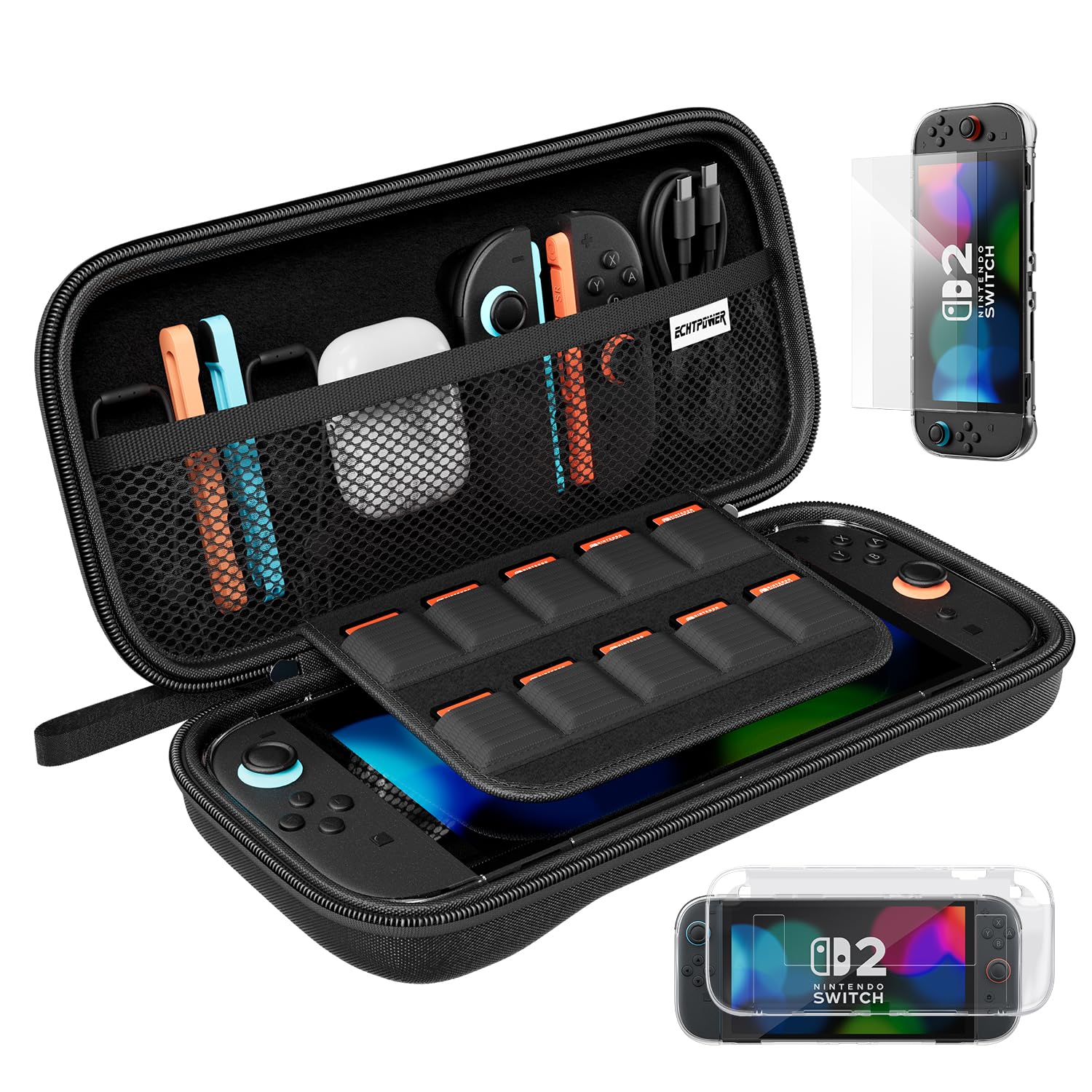 ECHTPower Carrying Case open with Nintendo Switch 2 console and accessories inside