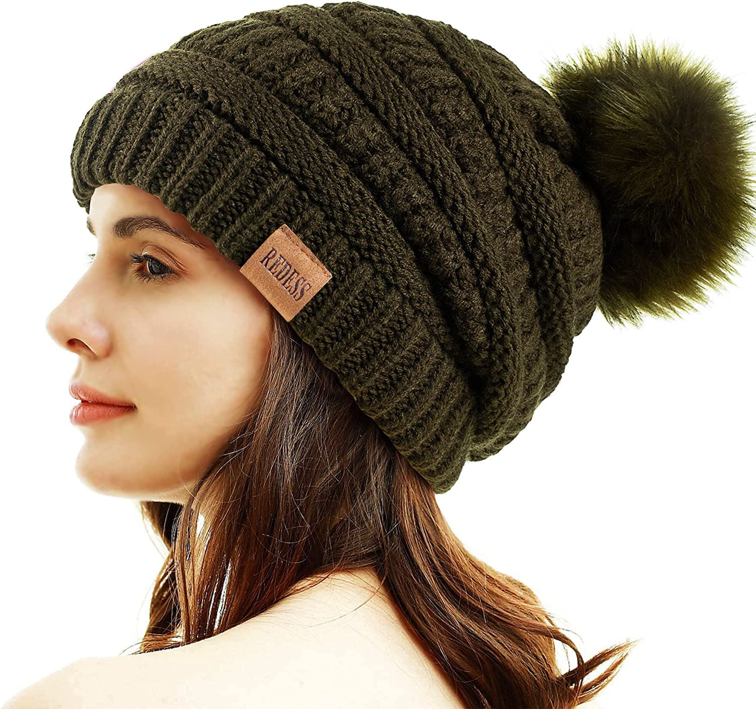 REDESS Cappello Invernale da Donna con Pom Pom Beanie Caldo Foderato in Pile Spesso Slouchy Snow Knit Chunky Baggy Skull Berretto da Sci