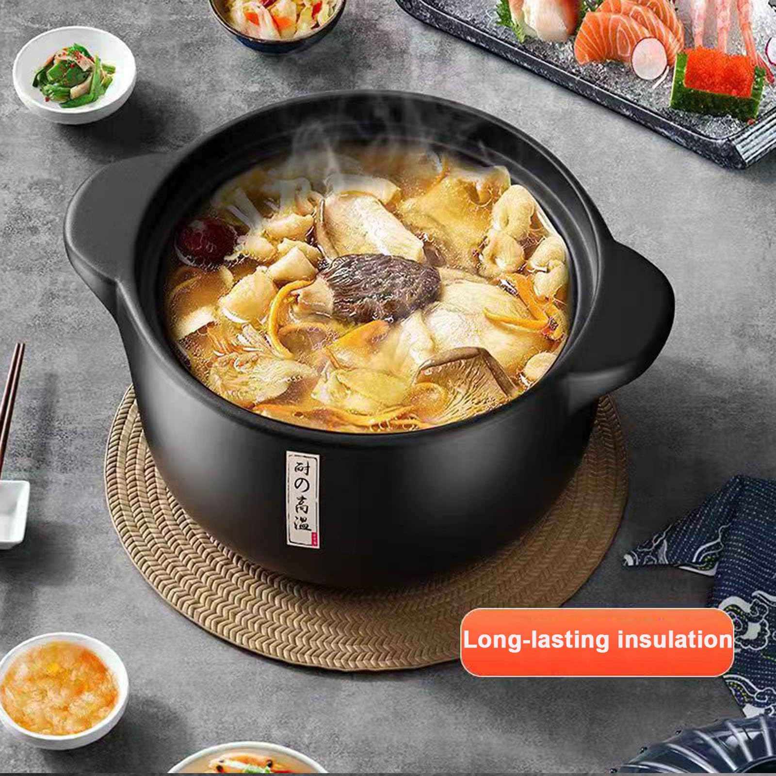 Olla de sopa de cerámica azul de 1.6 cuartos de galón con tapa, resistente al calor, fácil de limpiar