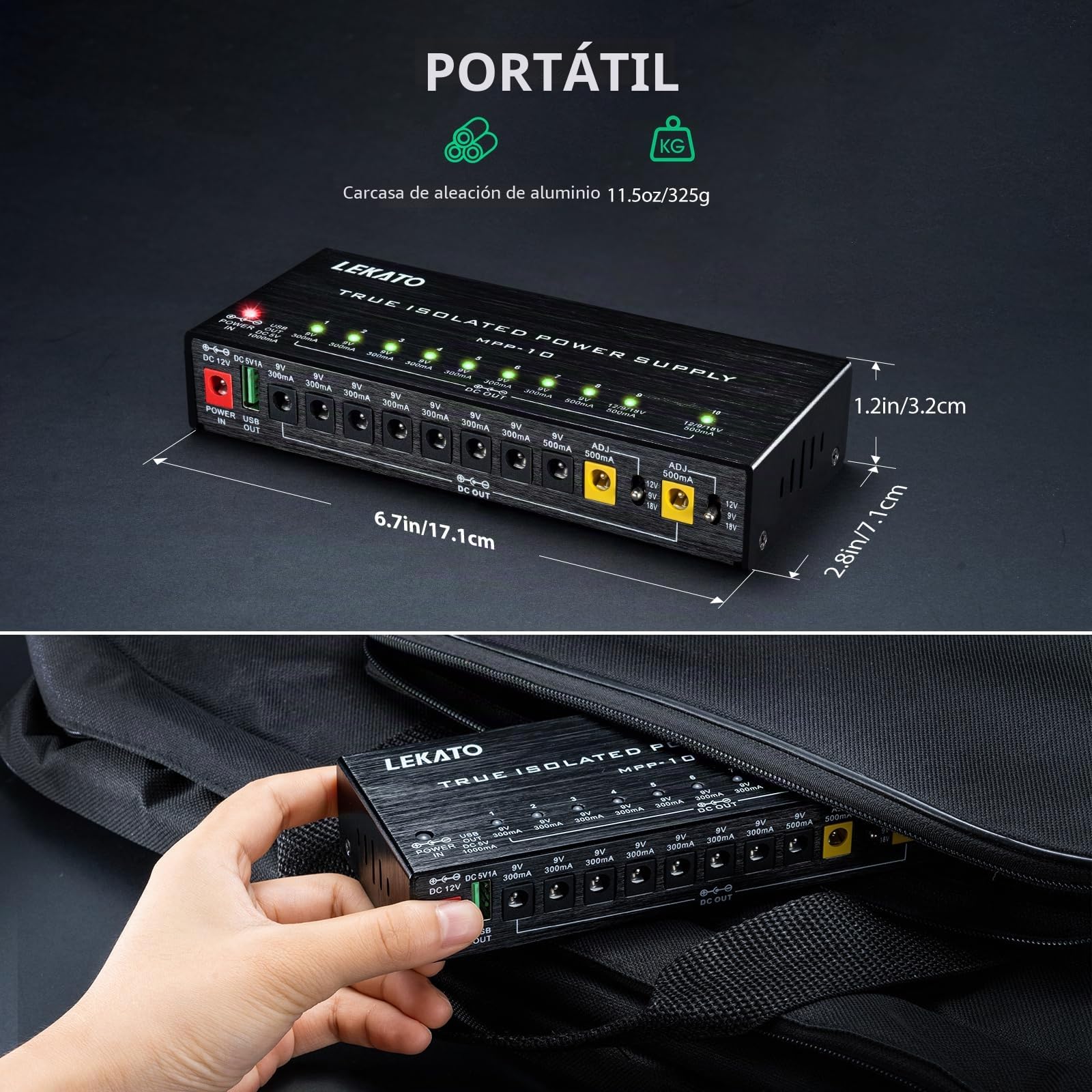 LEKATO Fuente de alimentación para Guitarra, 10 Salidas de CC aisladas para 9 V/12 V/18 V, 100 mA 300 mA 500 mA Fuente de alimentación de Pedal de Efecto con protección contra Cortocircuitos para