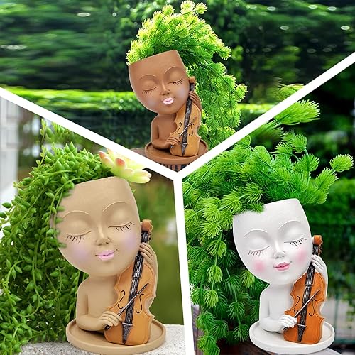 Miniatura 7 de Maceta de cara con cabeza de maceta, bonitas macetas violinistas para plantas de interior y exterior, macetas de resina para suculentas con orificio