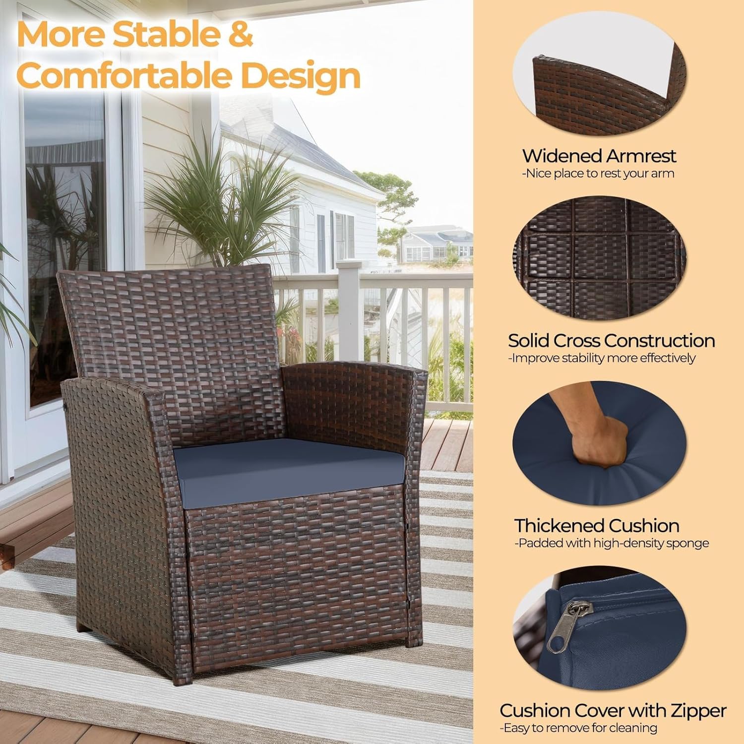 4 Piece Outdoor Patio Furniture Sets Wicker Conversation Sectional Set Rattan Chairs with Table and Loveseat for Backyard Porch Balcony Poolside Garden(Blue)