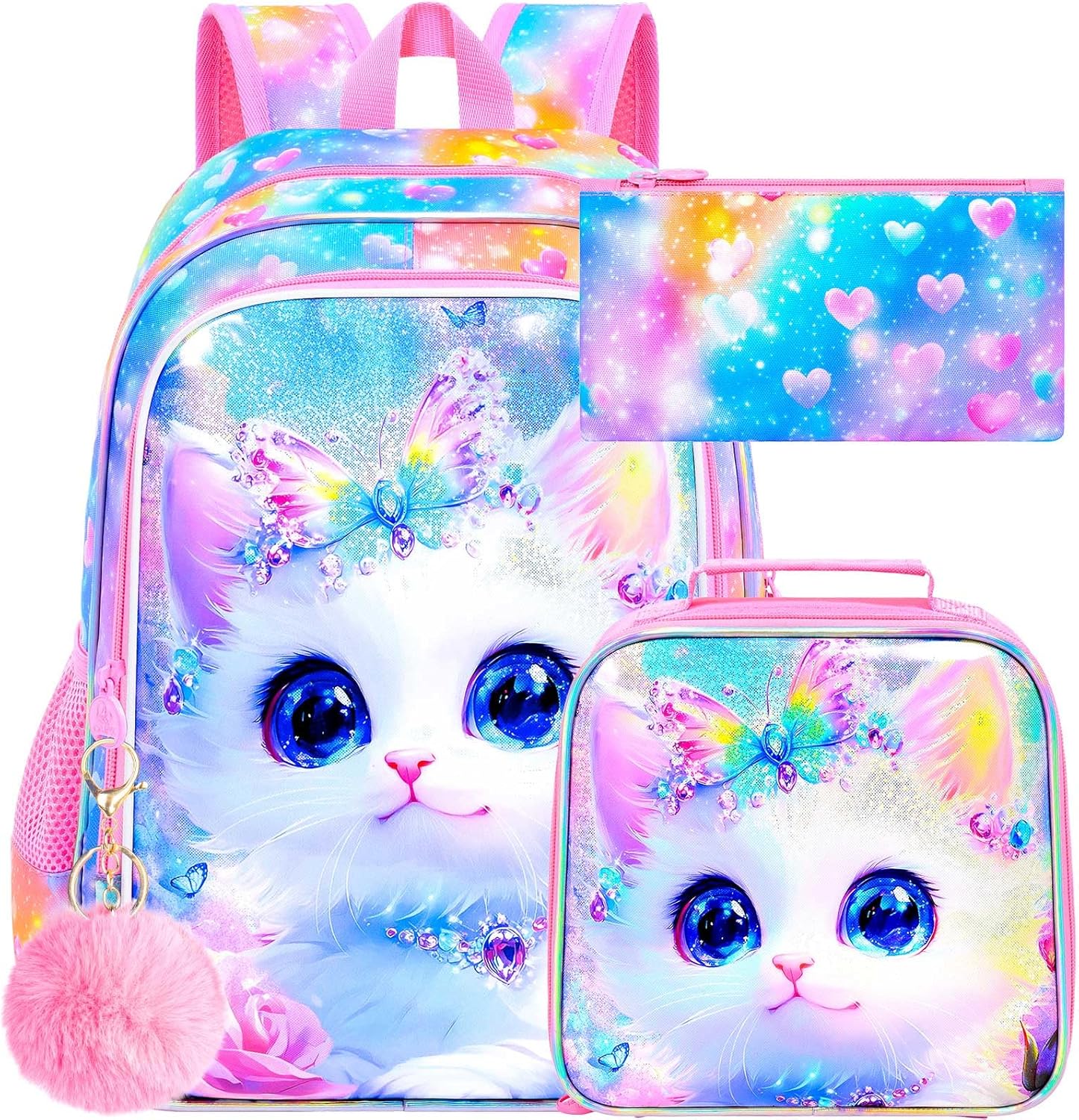 HPJGD 3PCS Girls Cat Bookbag, Water Resistant Kids Backpack Set with Lunch Box, Cute Elementary School Bag for Preschool Toddler - Diamond White Cat