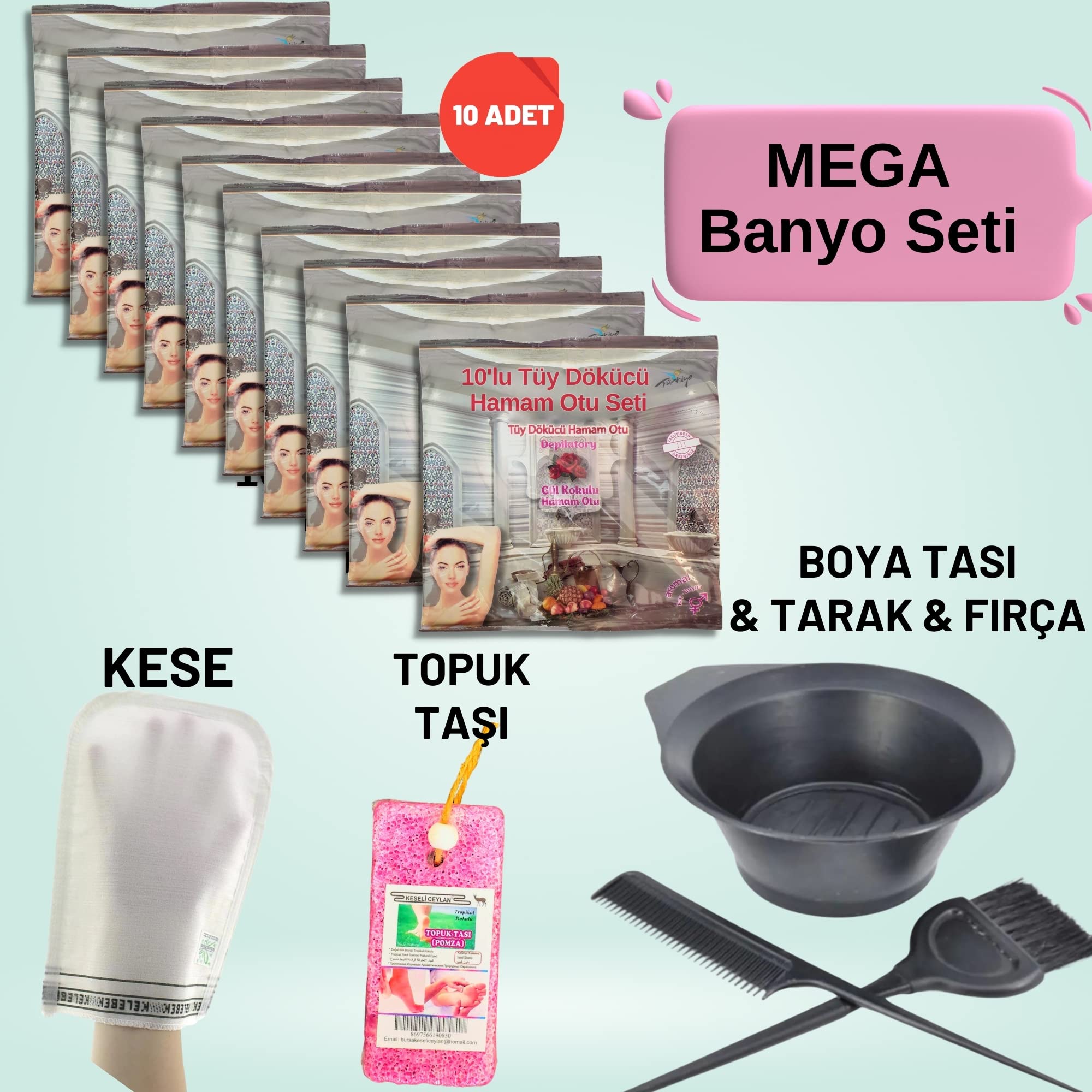 Ebitkisel 10 Paket Hamam Otu Toz Tüy Dökücü + Boya Kabı + Tarak + Fırça + Hamam Kesesi + Topuk Taşı Banyo Seti