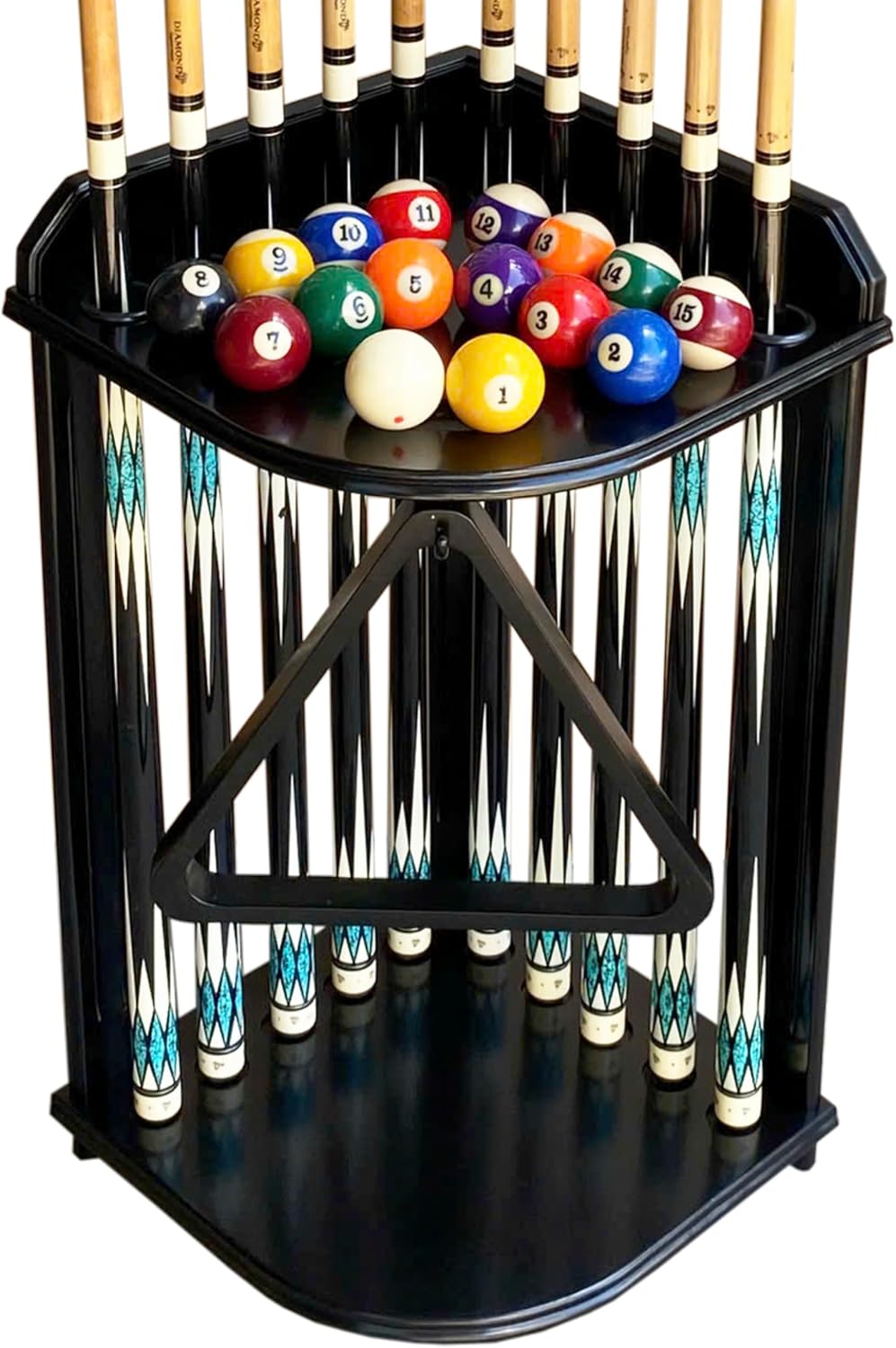 Pool Cue Rack Floor Stand for Cue Stick at Any Size, A Full Set Of Balls, Billiard Table Accessories, Corner Pool Stick Holder Large Size for 10 Cues Made of 100% Solid Hardwood