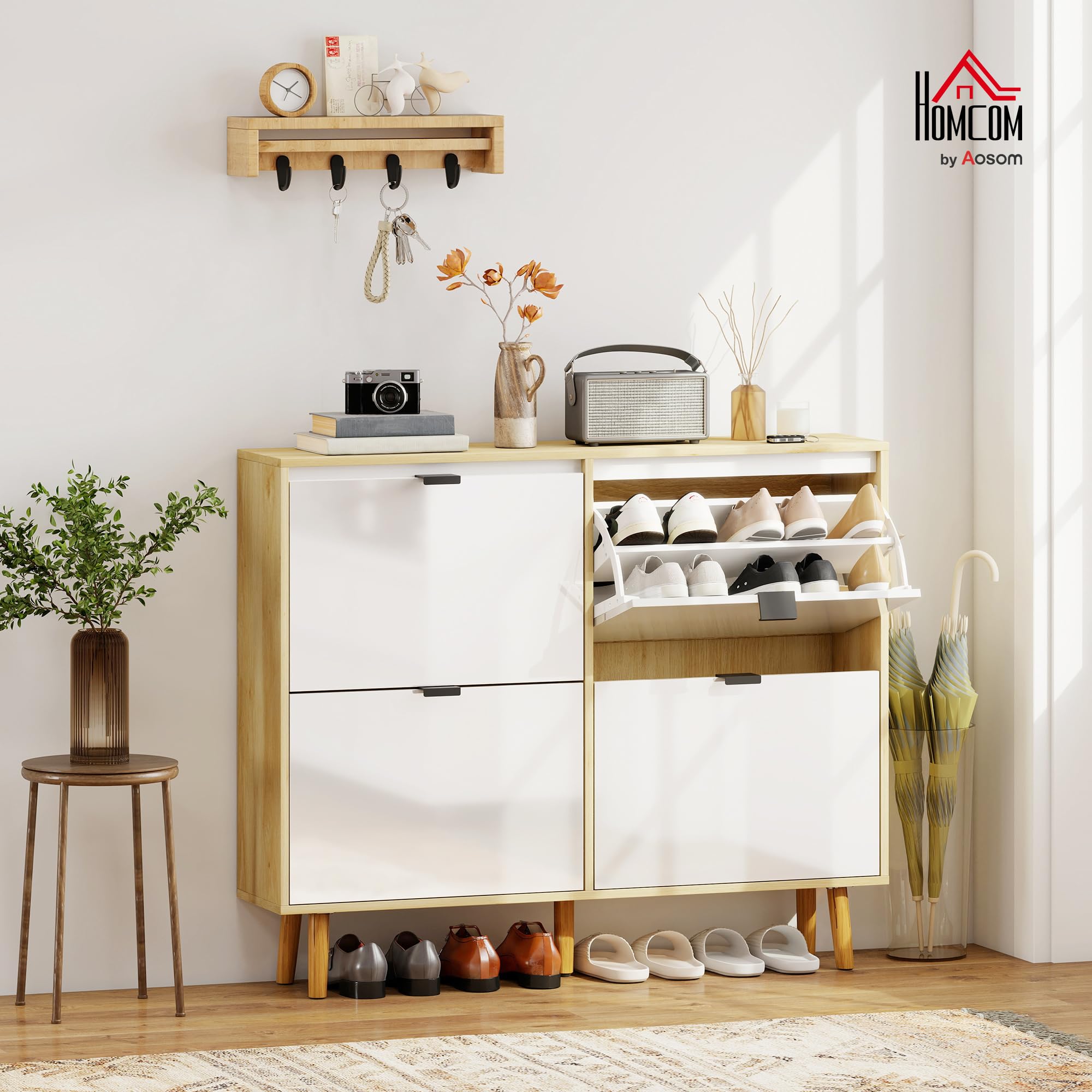 HOMCOM Scarpiera Salvaspazio Slim con 4 Ante a Ribalta, Scarpiera Ingresso con Ripiani Regolabili su 2 Livelli e Base Rialzata, Porta Scarpe per 20 Paia con Maniglia, 105x24x92.5 cm, Bianco Lucido