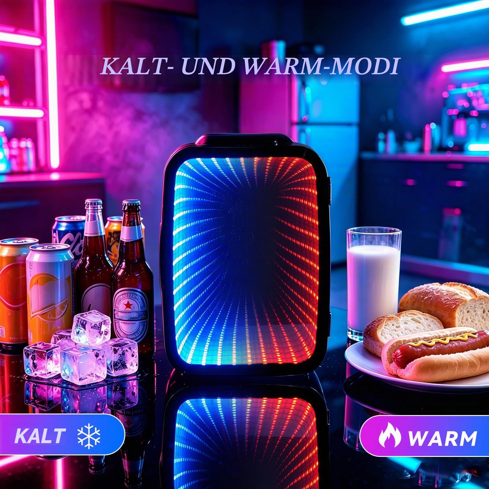 Enventor Mini Kühlschrank 4L, RGB Infinity, 6 dimmbare Lichtmodi | Tragbarer Kühl- und Warmhaltebehälter, AC + 12V DC, Kleiner Kühlschrank für Schlafzimmer, Gaming-Zimmer, Büro, Auto