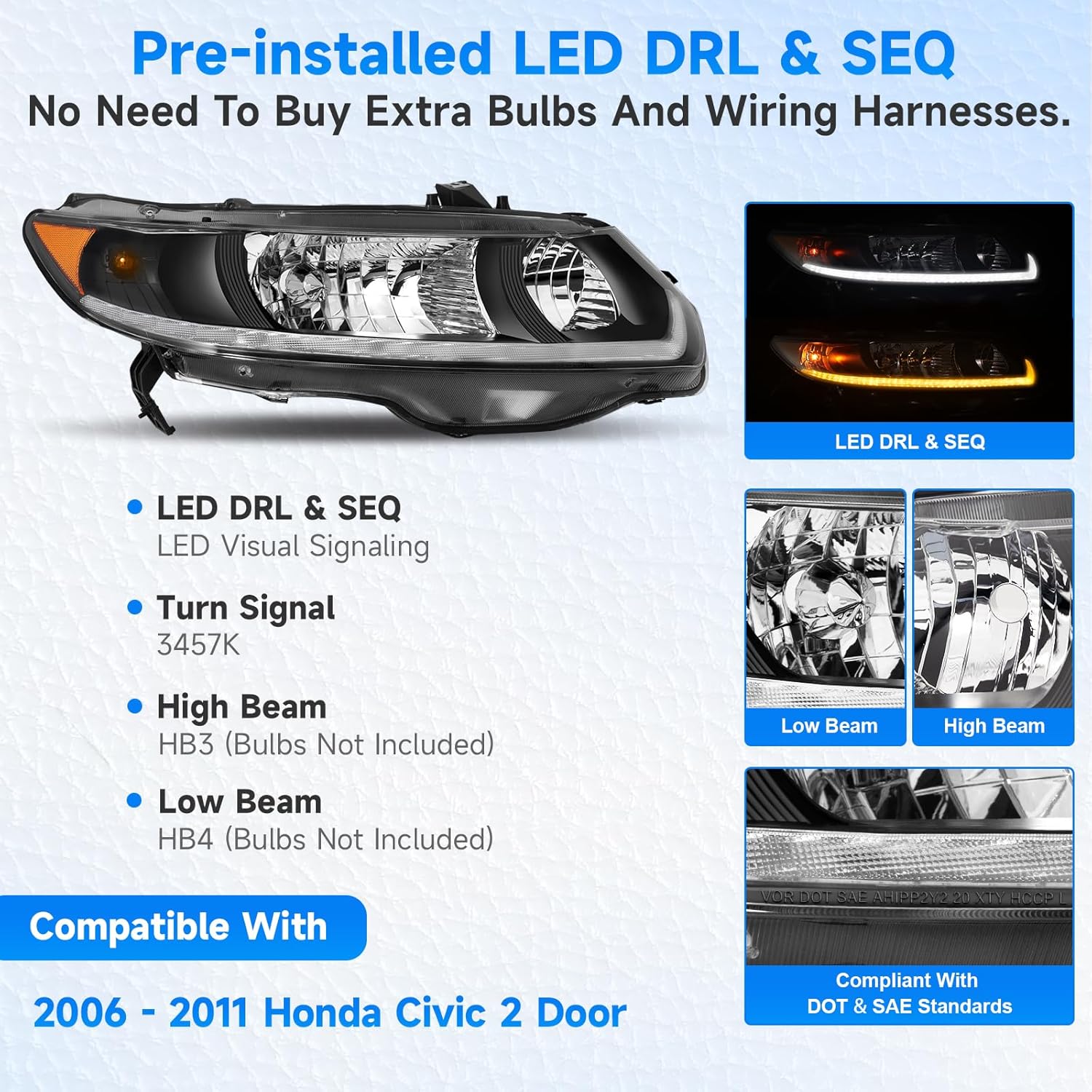 ELH LED Sequential DRL Headlight Assembly Fit For 2006-2011 Honda Civic 2-Door Coupe w/LED Day Running Light 2006 2007 2008 2009 2010 2011 06 07 08 09 10 11 Headlamp Driver and Passenger Side SEQ