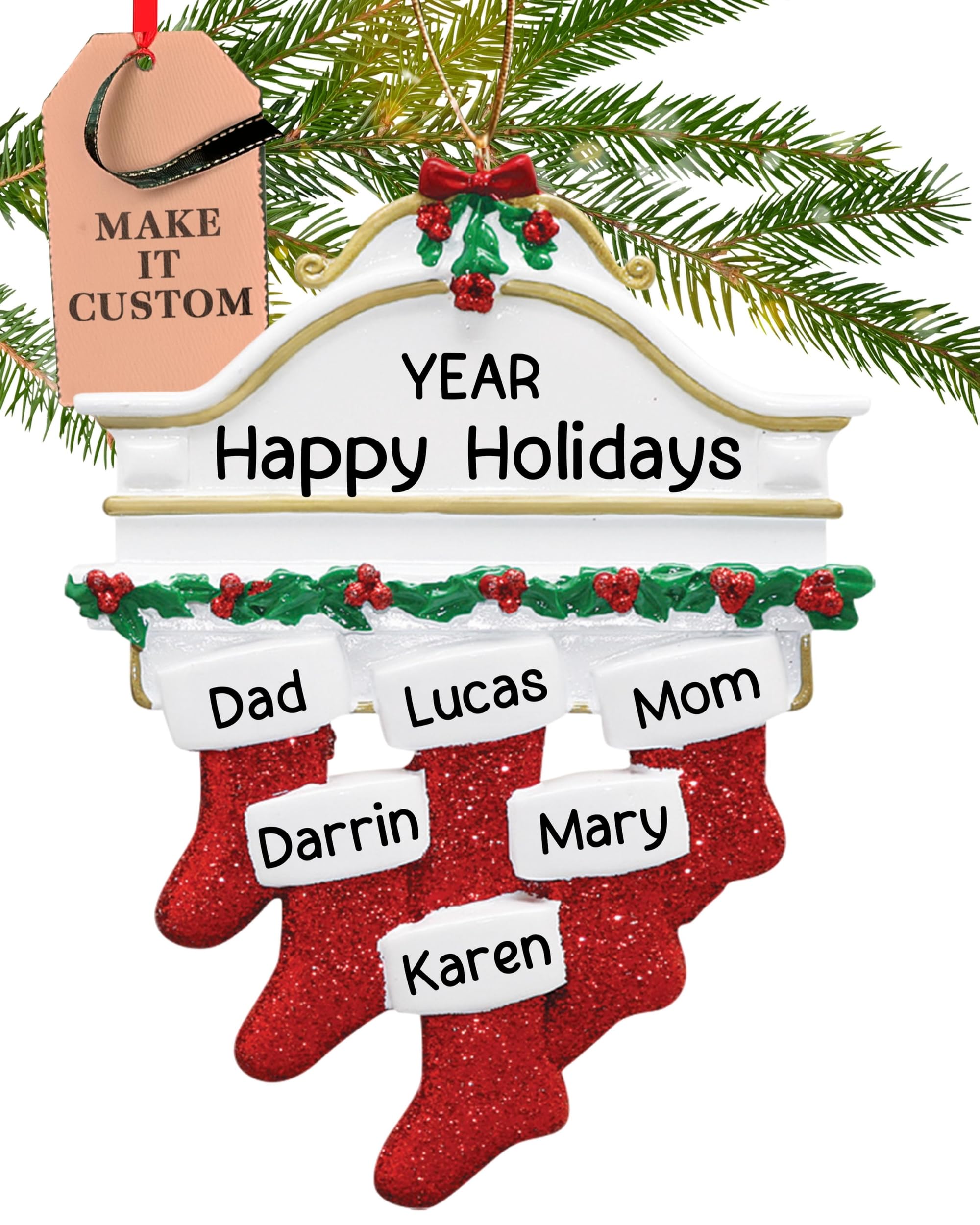 Personalised Family of 6 Ornament 2025 – Fast & Free 24h Customisation – Christmas Ornaments for Tree – Custom Gift Wrapped Red Stockings on Mantle Keepsake for Six Persons