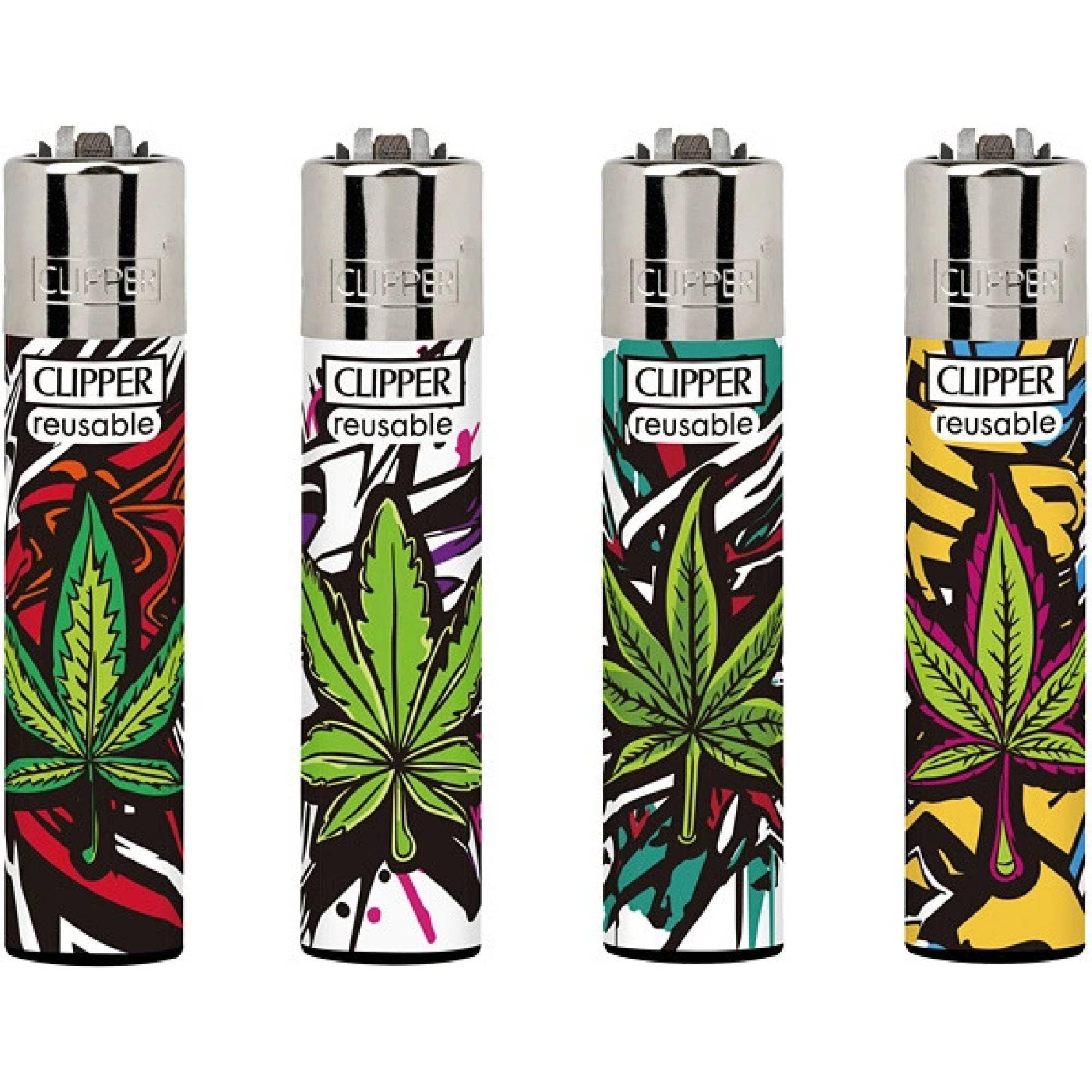Clipper Bandeja de 48 Mecheros Reutilizables Coleccion Original Urban Weed 3 Recargable, Piedra de Encendido Sustituible, Ideal para Uso Personal o Negocios (F)