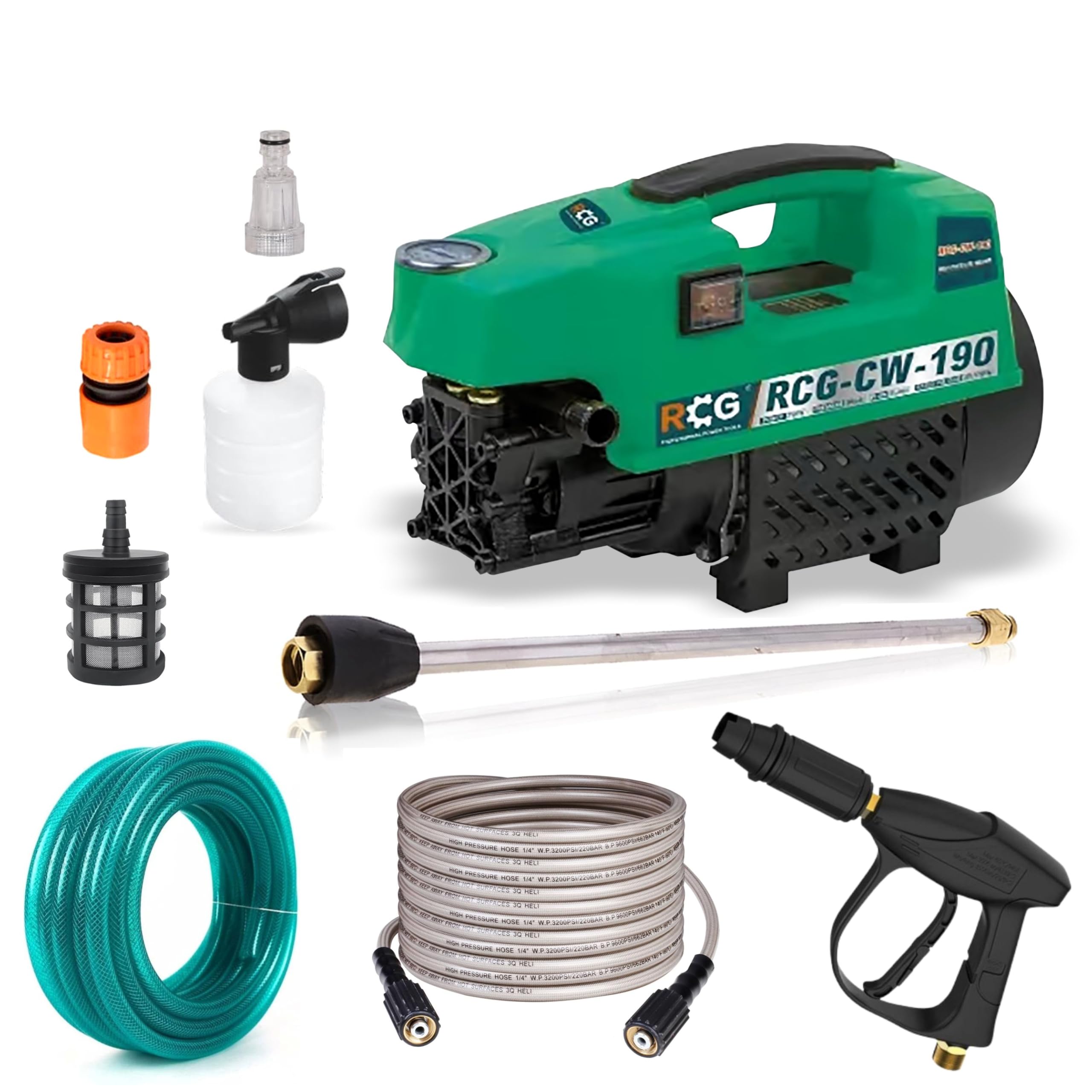 RCG Ultra Clean Plus High Pressure Car Washer, 2500 Watts Motor, 200 Bars Pressure, 10L/Min Flow Rate, 7m Outlet Hose, Portable, for Bike and Home Cleaning, Incl. 8 Accessories | RCG-CW-190-picture-20