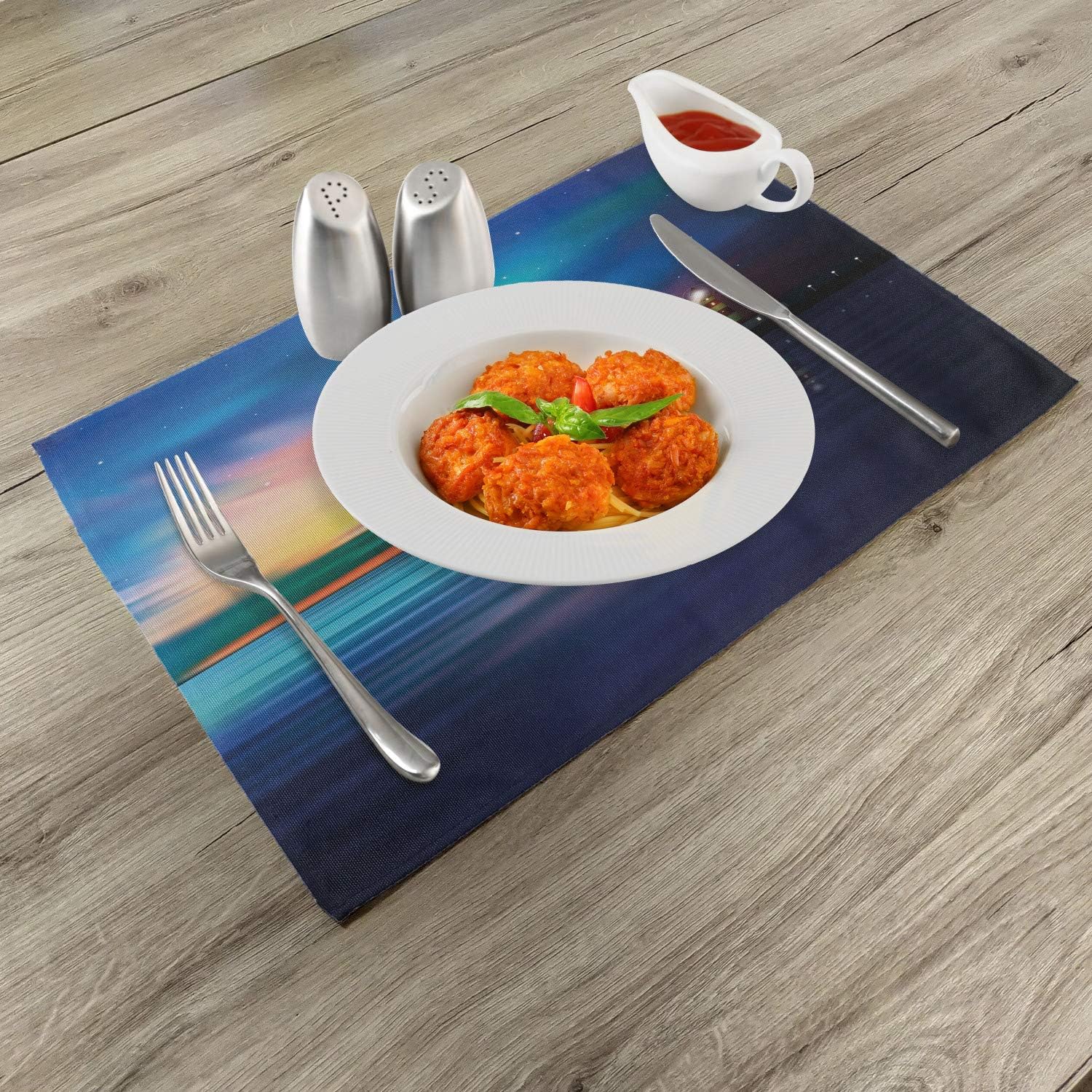 Ambesonne Lighthouse Place Mats Set of 4, Majestic Dreamy Sky and Ocean Stars Rising Sun Beacon Bay Beach, Washable Fabric Placemats for Dining Room Kitchen Table Decor, Dark Blue Pale Blue Coral