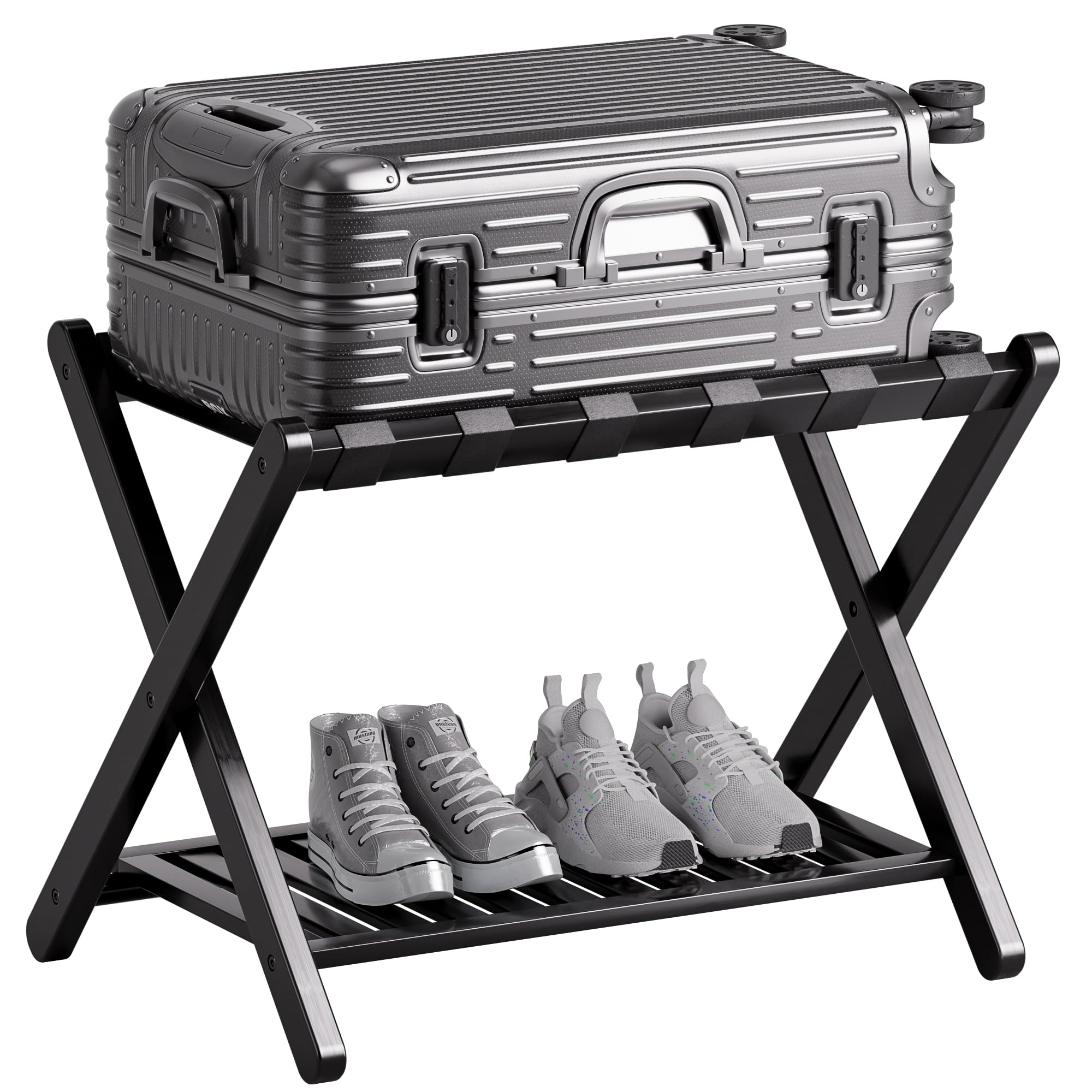 SMIBUY Luggage Rack, Foldable Bamboo Suitcase Stand with Storage Shelf for Guest Room, Bedroom, Hotel, Heavy-Duty (Black)