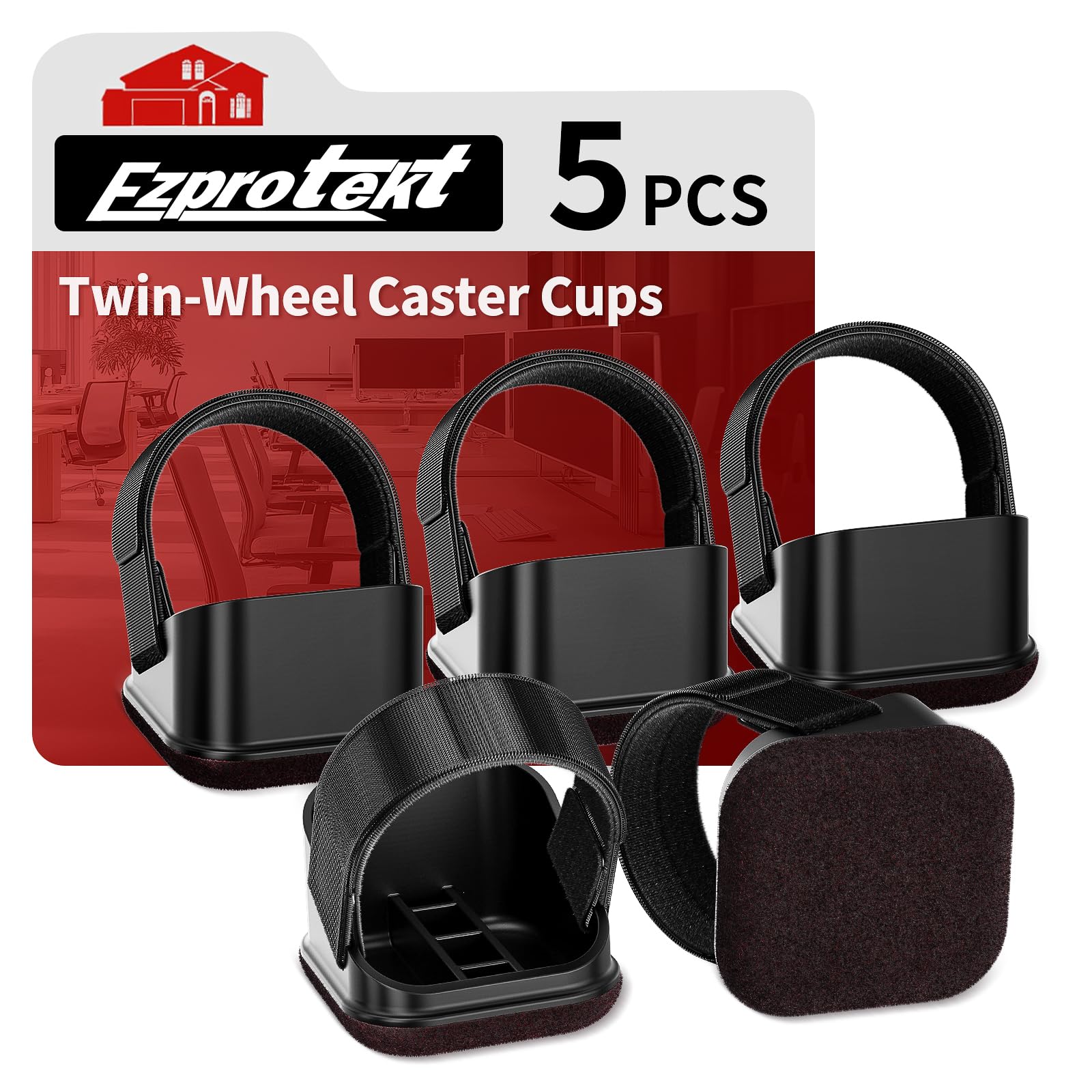 Ezprotekt 5 Pcs Office Chair Caster Cups, Furniture Wheel Stopper with Felt Bottom Pads for Rolling Desk Couch Sofa Cabinet Bed, Protect Hardwood Floors Reduce Noise and Scratches (Black)