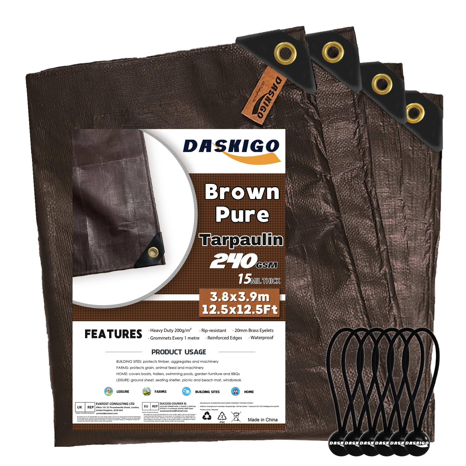 Bâche de protection imperméable 4 x 4 m 200 g/m² Marron