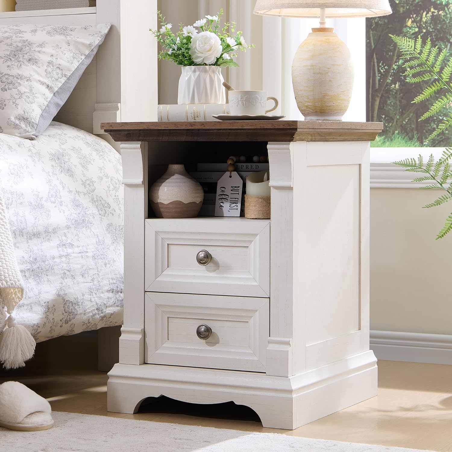 T4TREAM Farmhouse Nightstand with Charging Station, 18" End Table with 2 Drawers Storage, Wood Side Table w/Roman Column, Bedside Cabinet for Bedroom, Living Room, Antique White