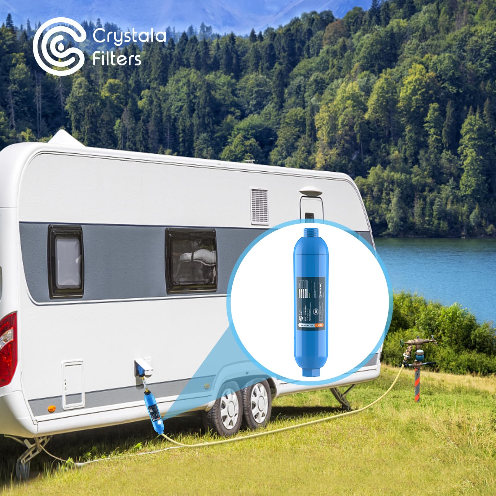 CRYSTALA RV/Camper Wasserfilter, Inline-Wasserfilter reduziert effektiv schlechten Geschmack, Gerüche, Chlor und Sedimente für Wohnmobile und Marines, 3er-Pack Filter mit 2 flexiblen Schlauchschutz