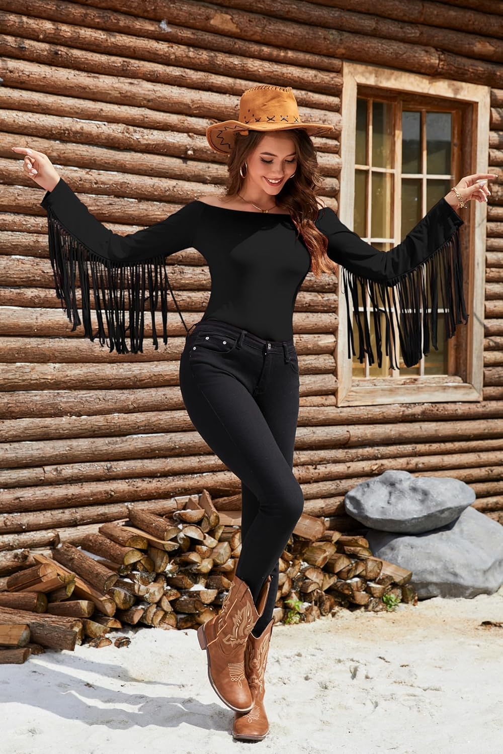 Off The Shoulder Fringe Tops for Women Western Cowgirl Outfits Stretchy Fall Long Sleeve Crop Tassel Shirts Y2K - Image 3