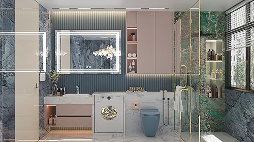 Miniatura 6 de Keonjinn Espejo LED de 48 x 30 pulgadas para baño con luces cálidasblancasnaturales con luz frontal, antiniebla, regulable, para montaje en pared,