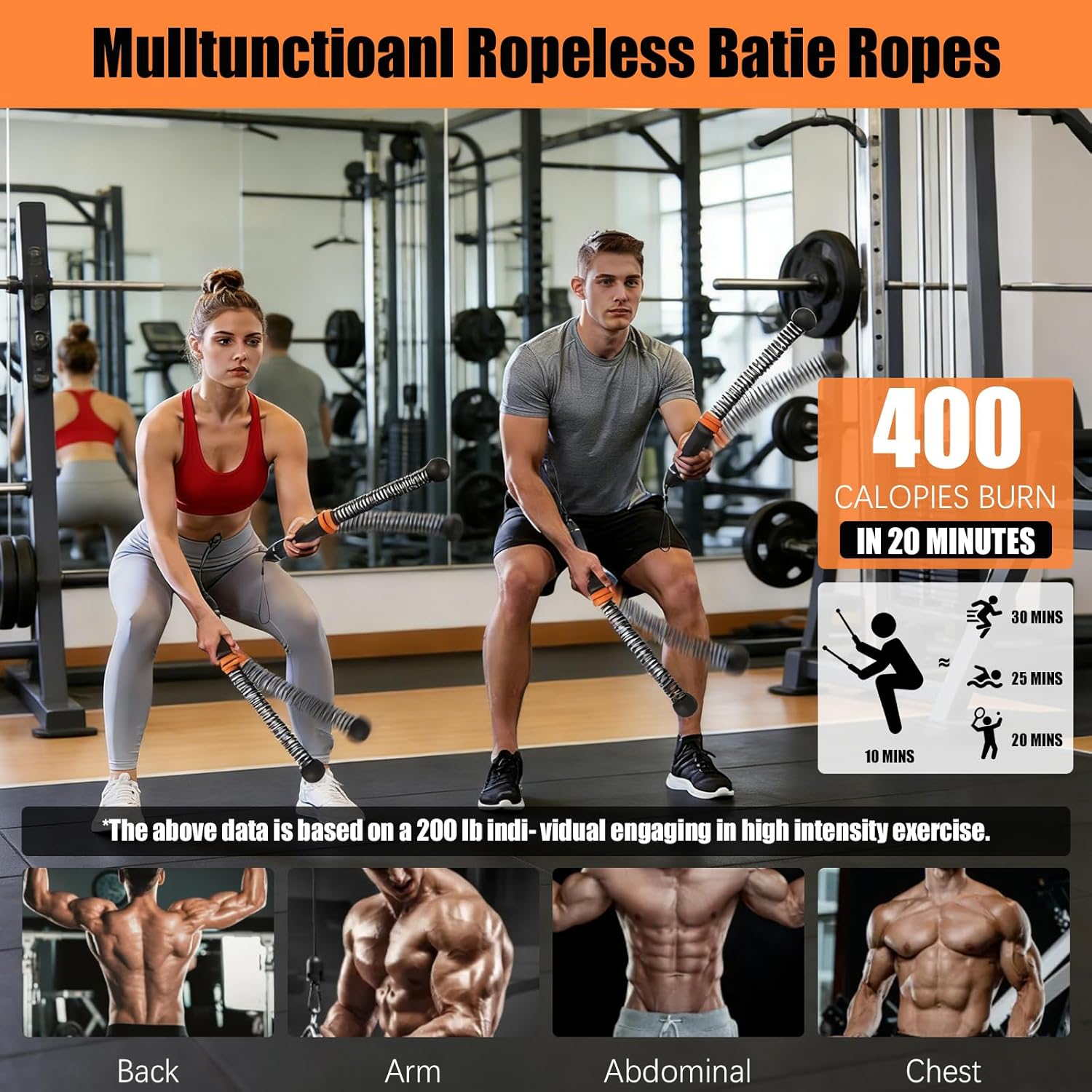 Portable Ropeless Battle Ropes, Adjustable Weights Cordless Battle Ropes for Home Gym with Storage Bag and Training Poster, Workout Rope for Strength, HIIT and Low-Impact Aerobic Training for Adults