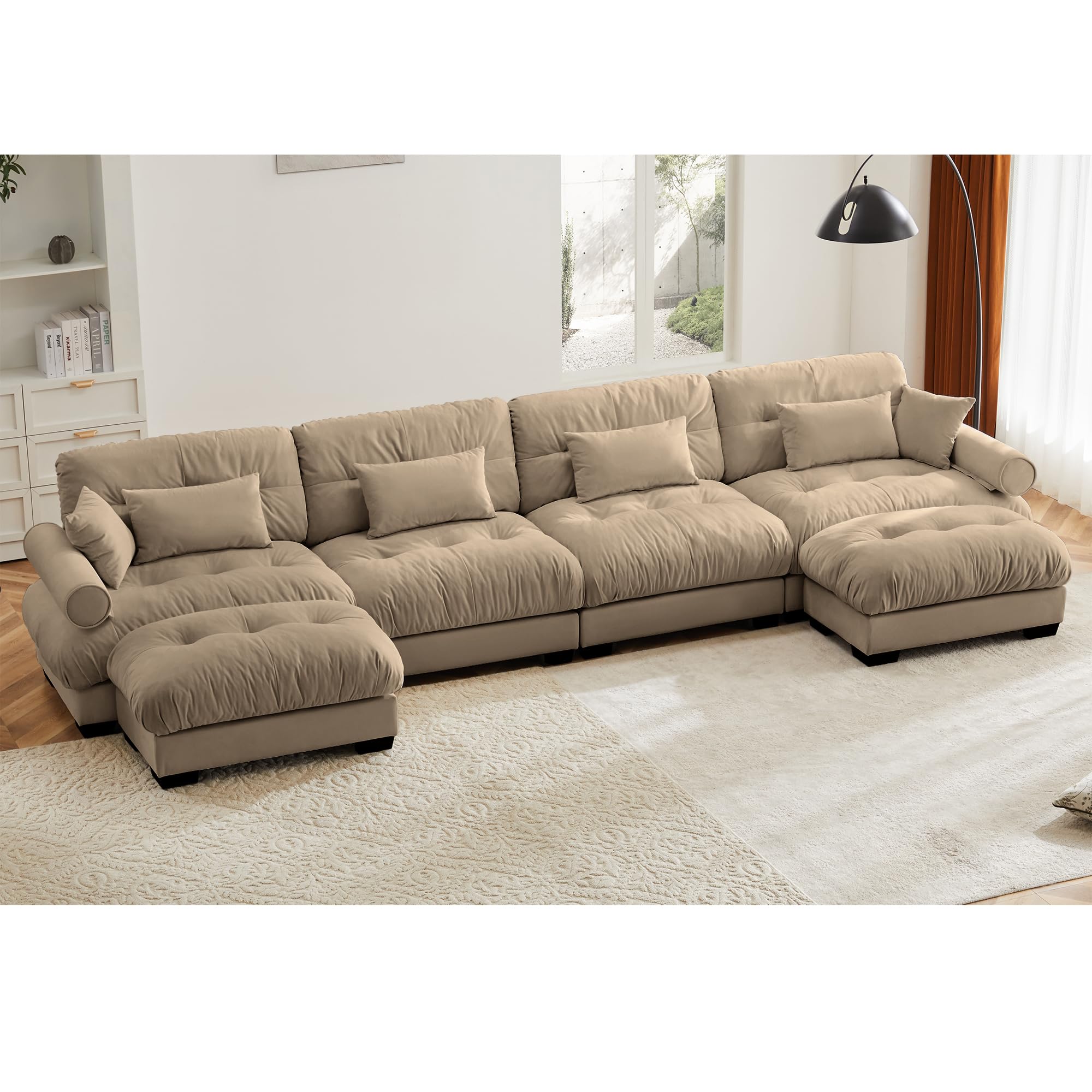 KEIKI 166" U-Shaped Oversized Velvet Modular Sectional Sofa with 2 Ottoman, High-Density Foam Cushions and Bolstered Armrests, Upholstered 4-Seater