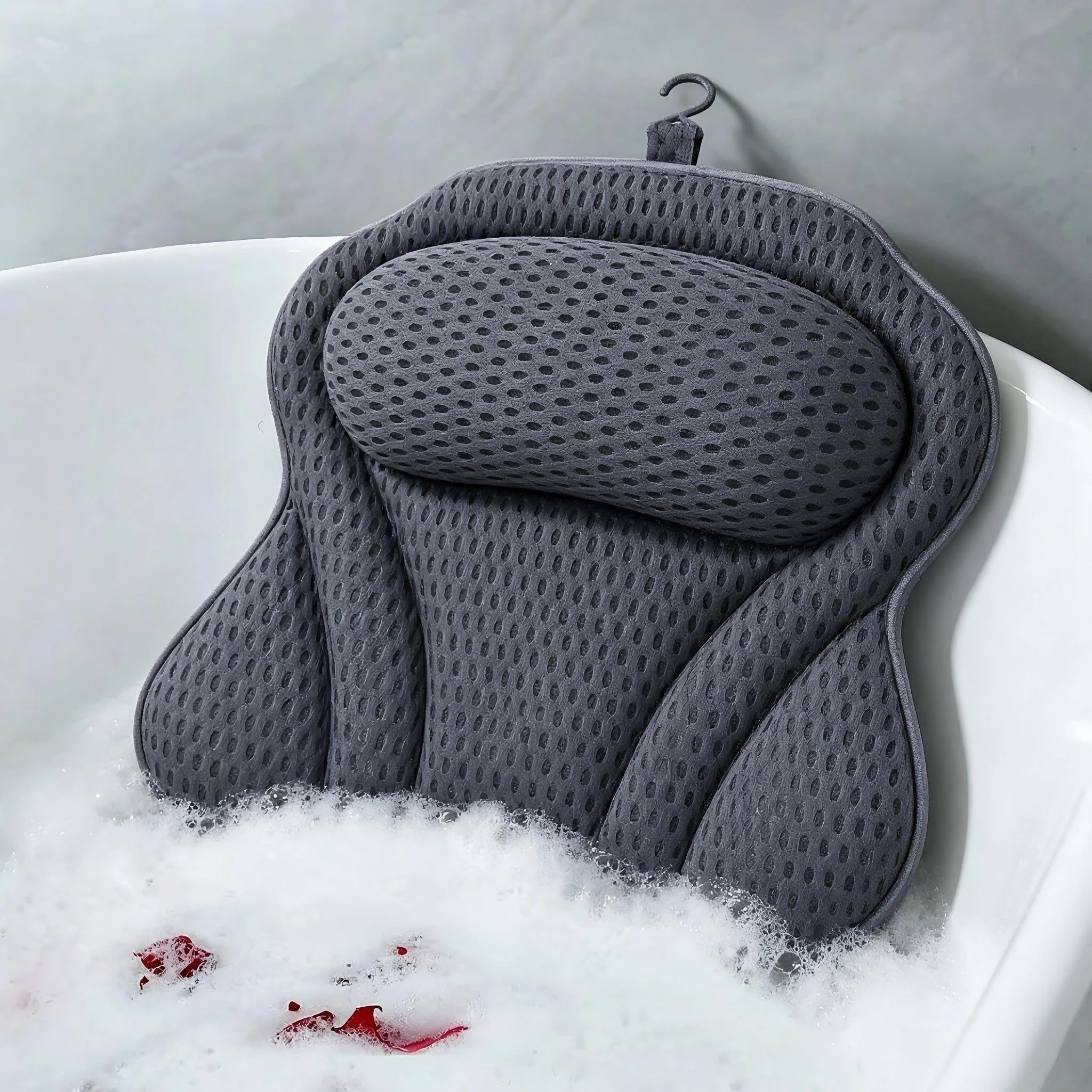 Bath Pillow for Head and Neck, Non-Slip 4D Air Mesh Bathtub Cushion, with Strong Suction Cups, Ergonomic Headrest, Fits All Bathtubs & Spas