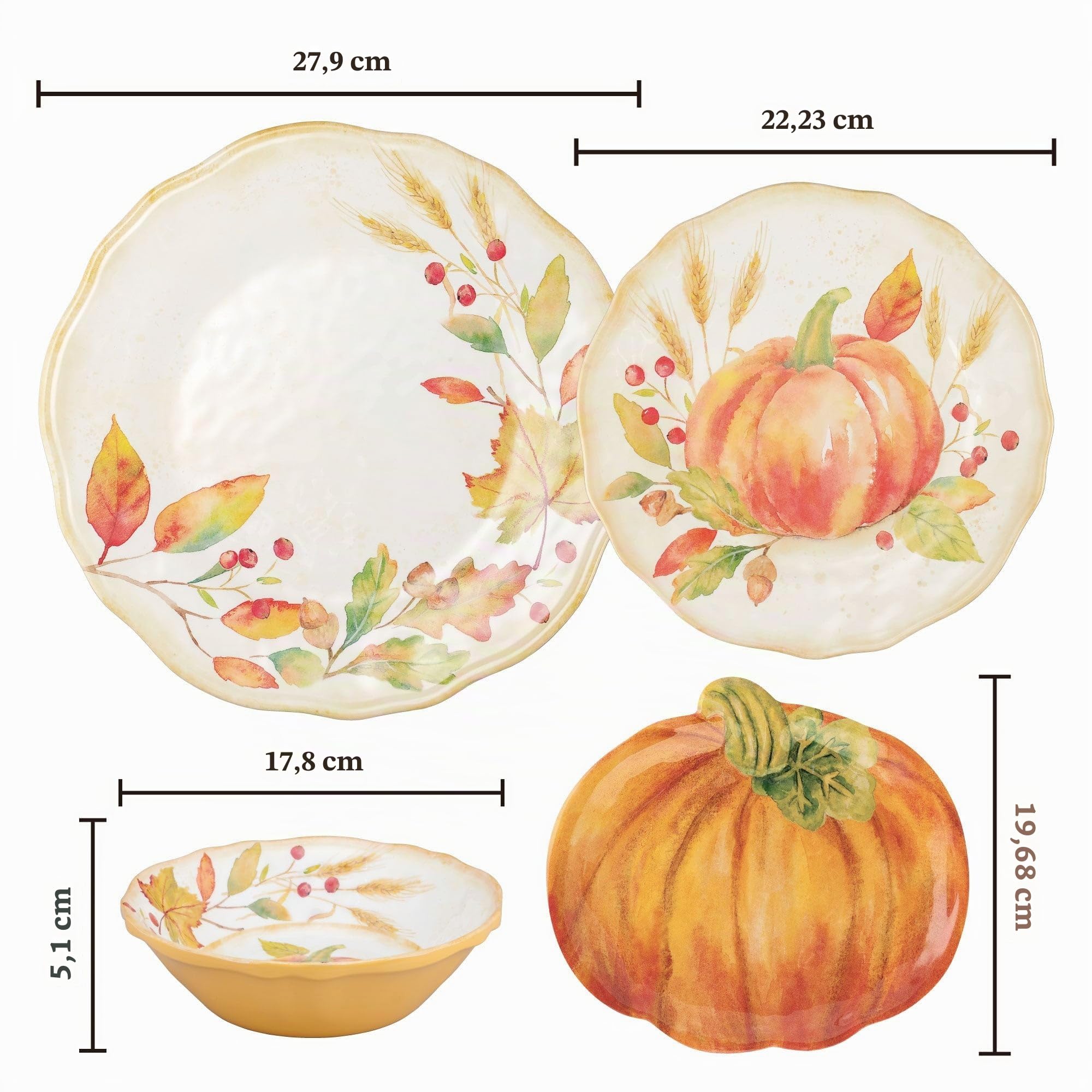 UP 16-teiliges Kürbis-Melamin-Geschirr-Set, Outdoor-Geschirr-Set, Teller und Schüsseln, Herbst-Thanksgiving-Dekorationen, Service für 4, Orange