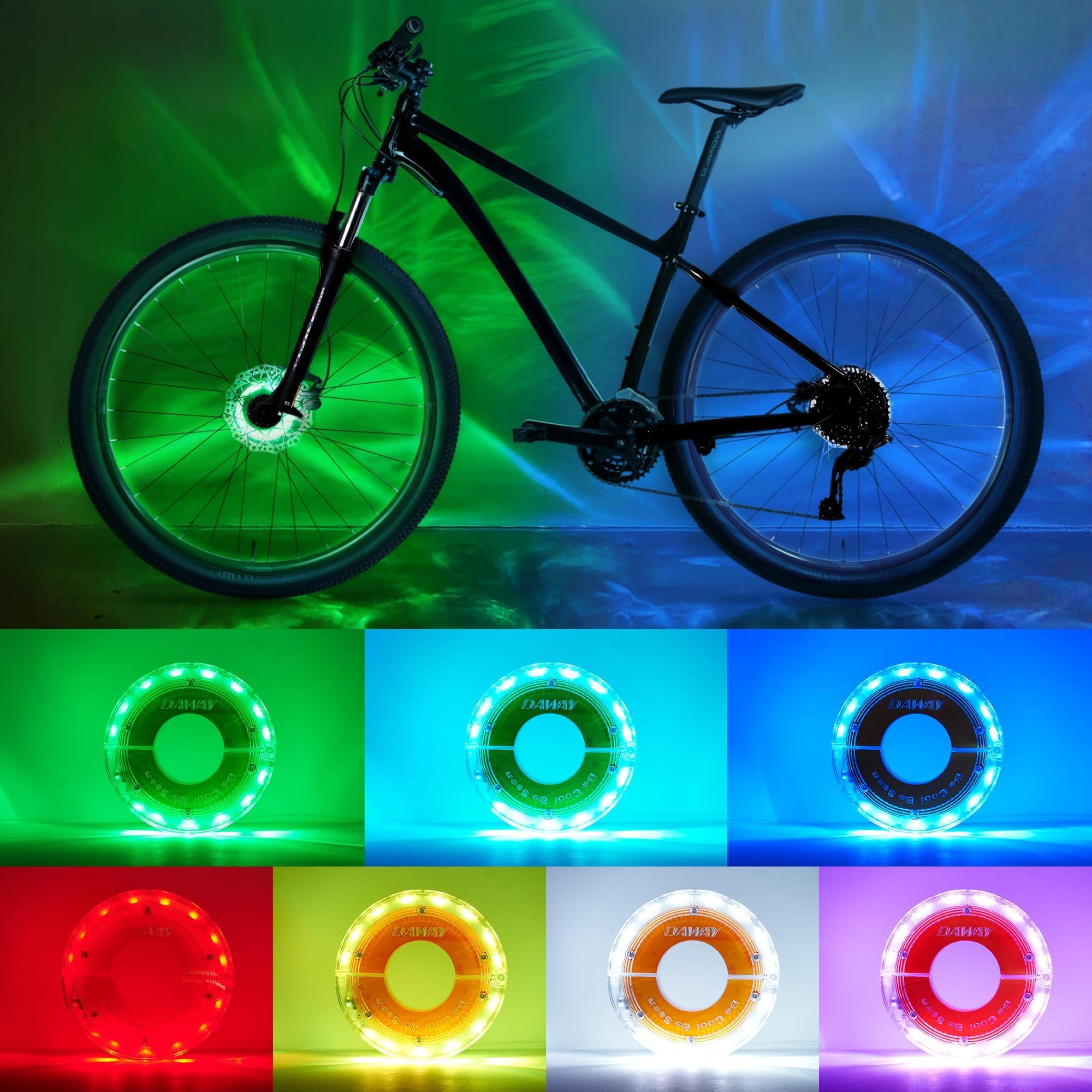 DAWAY A16 Plus Lot de 2 lumières LED rechargeables par USB pour roue de vélo avec détecteur de mouvement et modes disco – Lumières lumineuses étanches pour enfants, adolescents et adultes (convient