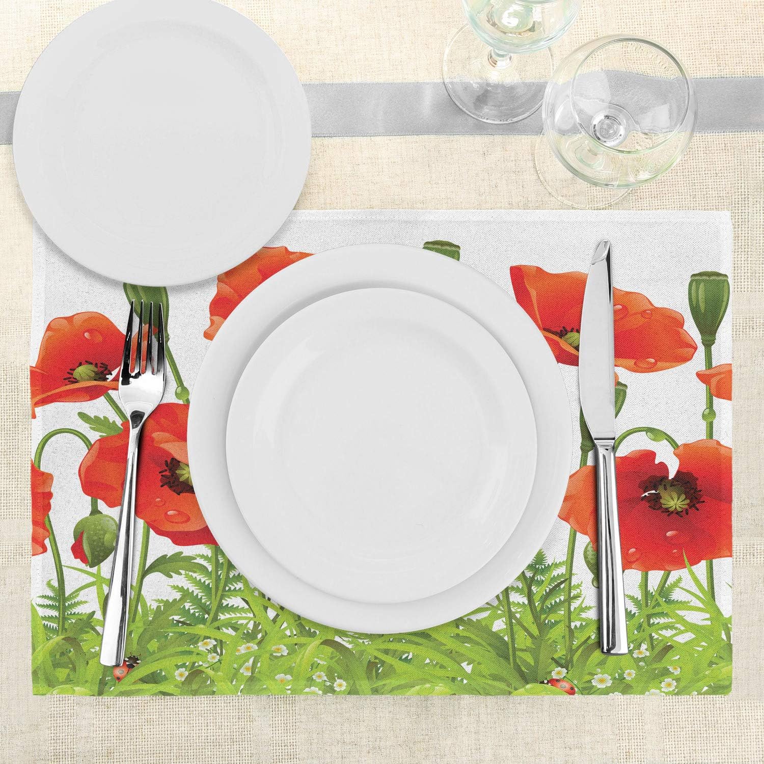 Lunarable Ladybugs Place Mats Set of 4, Horizontal Border Poppy Flower Bud Poppies Chamomile Wildflowers Lawn, Washable Fabric Placemats for Dining Table, Standard Size, Green Red