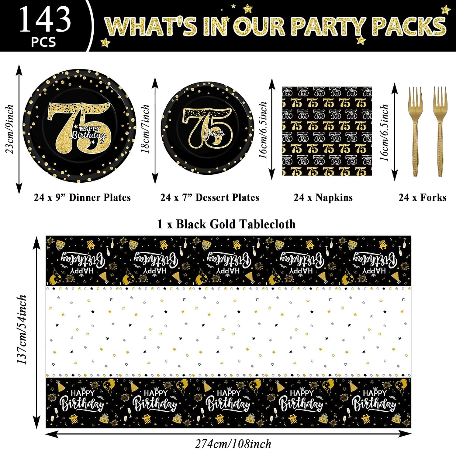 143 Pcs 75th Birthday Party Supplies Set for 24 Guests 75th Birthday Plates Backdrop Decorations Kit for Women Men Cheers to 75 Years Plates Tablecloth Banner Balloons Tableware Party Decors
